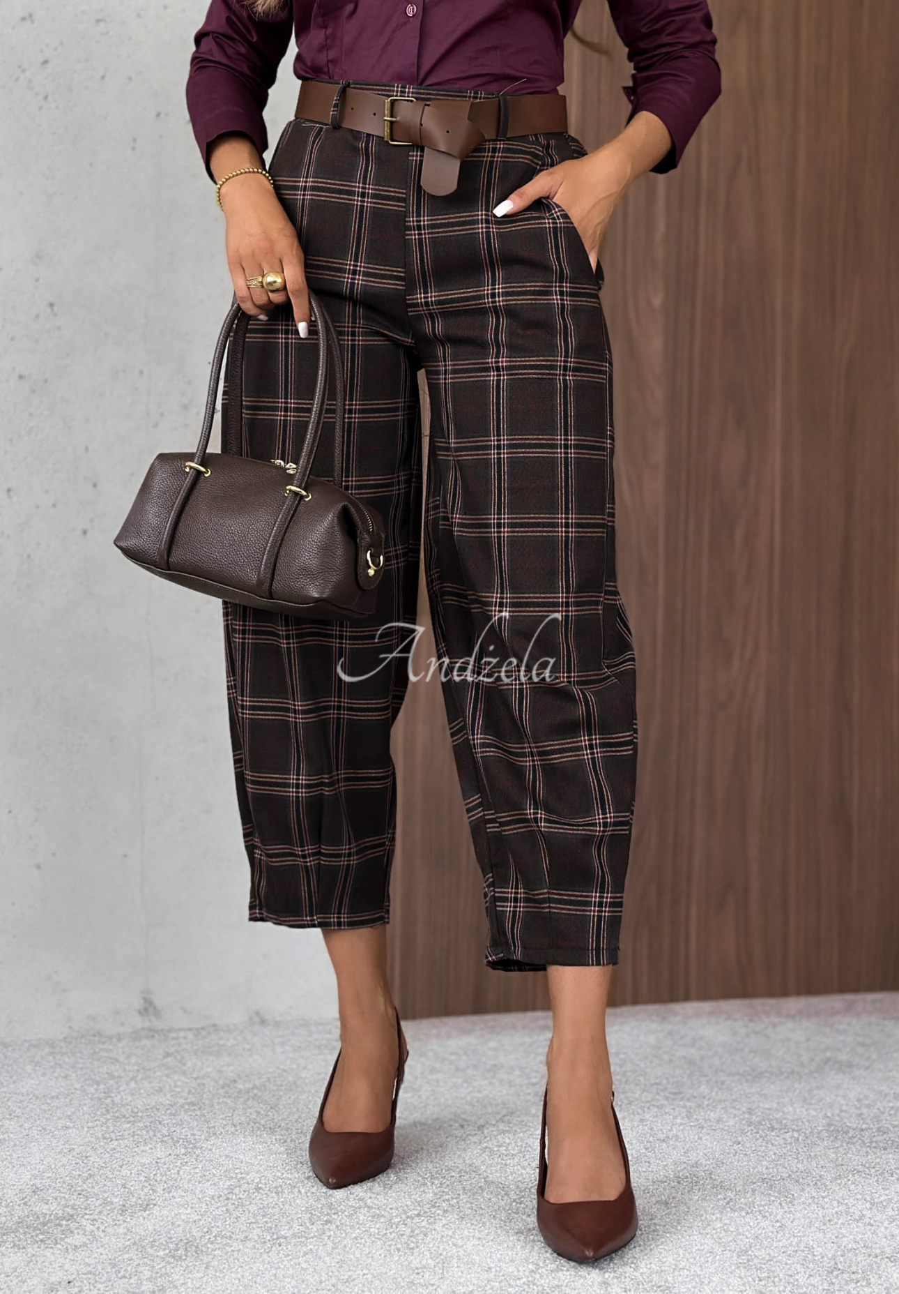 Warm Desire Chocolate-Colored Checkered Cotton-Viscose Pants
