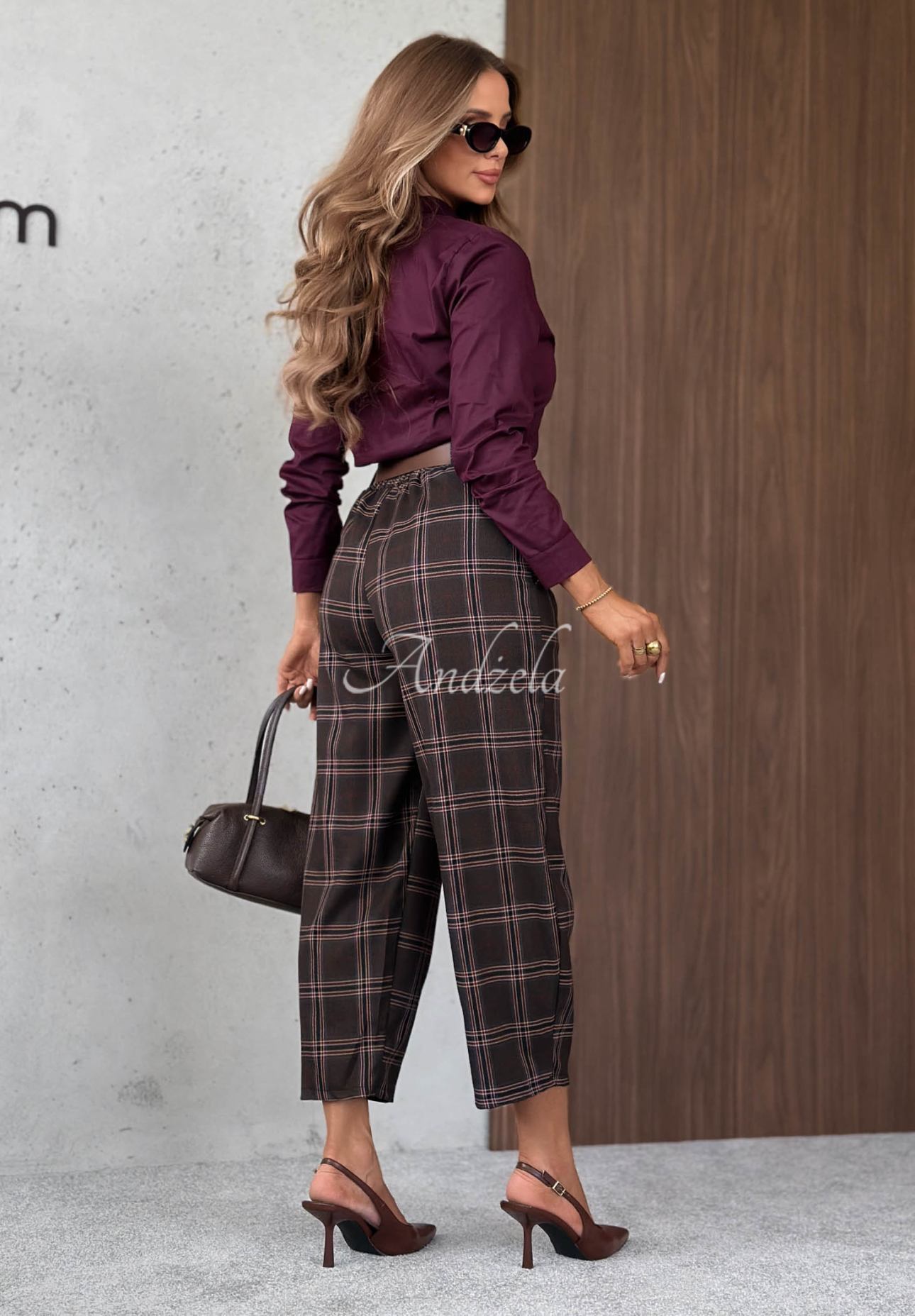 Warm Desire Chocolate-Colored Checkered Cotton-Viscose Pants
