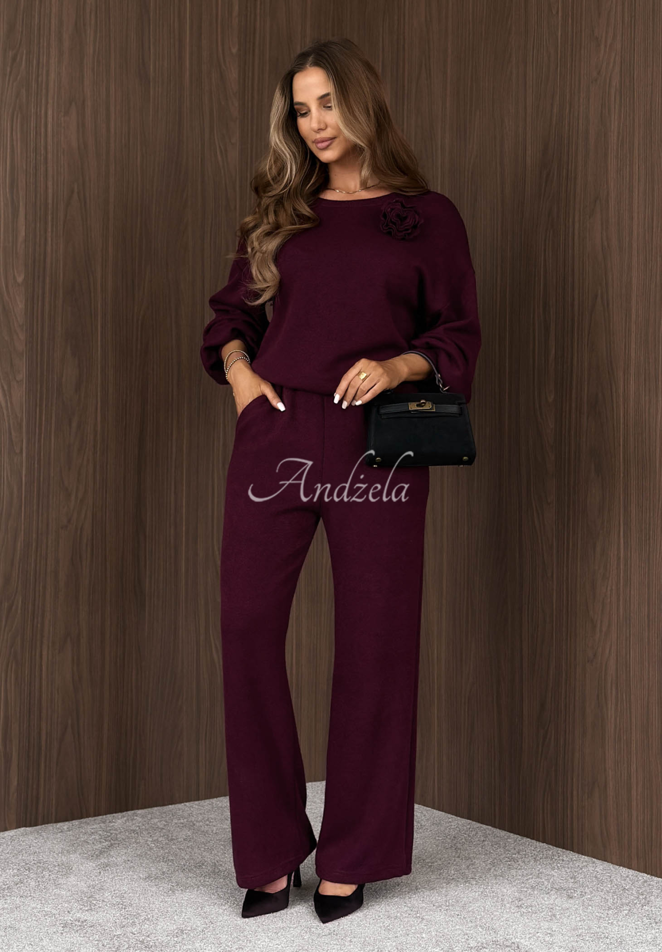 Feels Different Berry-Colored Viscose Knit Set with Flower