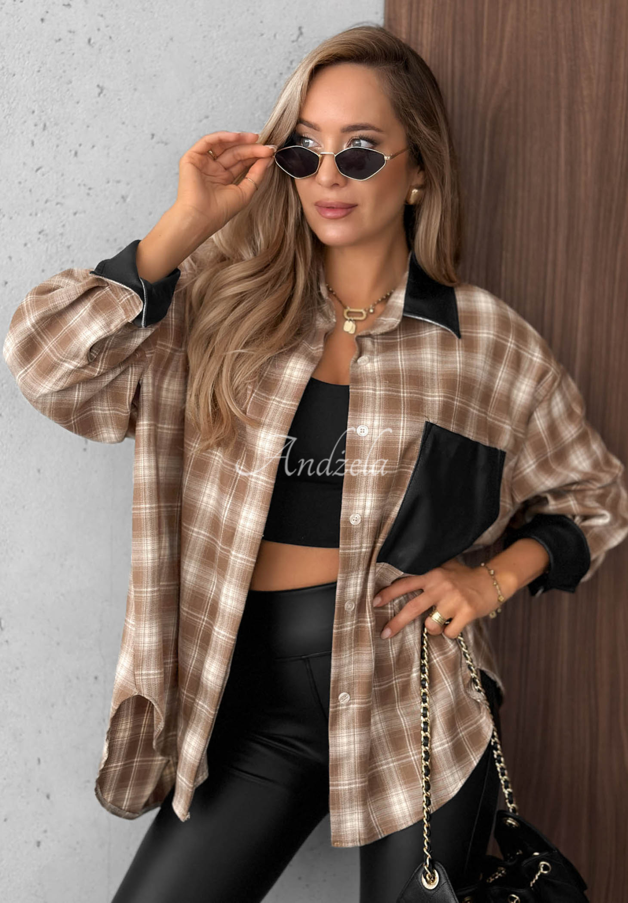 Honey Morning camel-colored viscose plaid shirt with leather accents