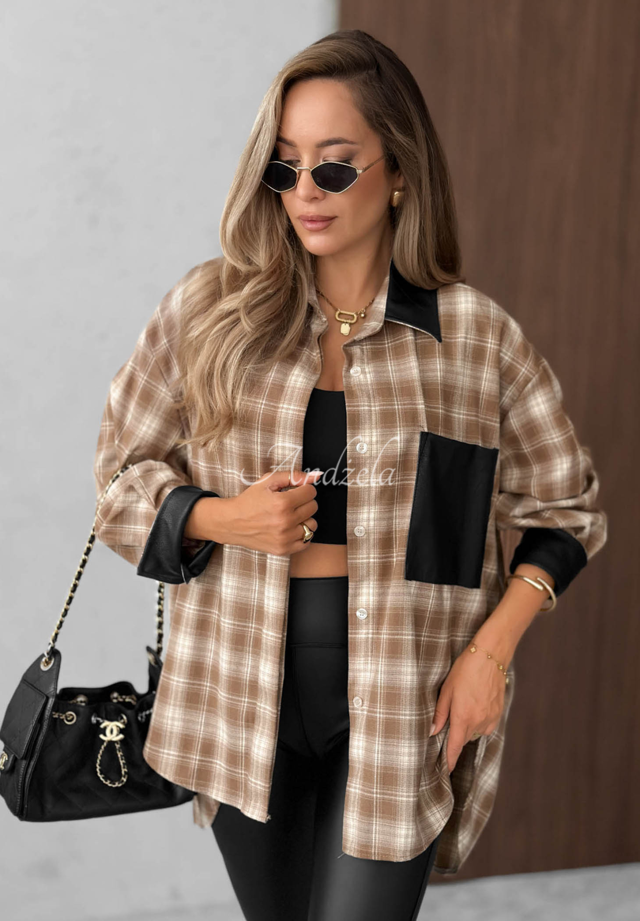 Honey Morning camel-colored viscose plaid shirt with leather accents