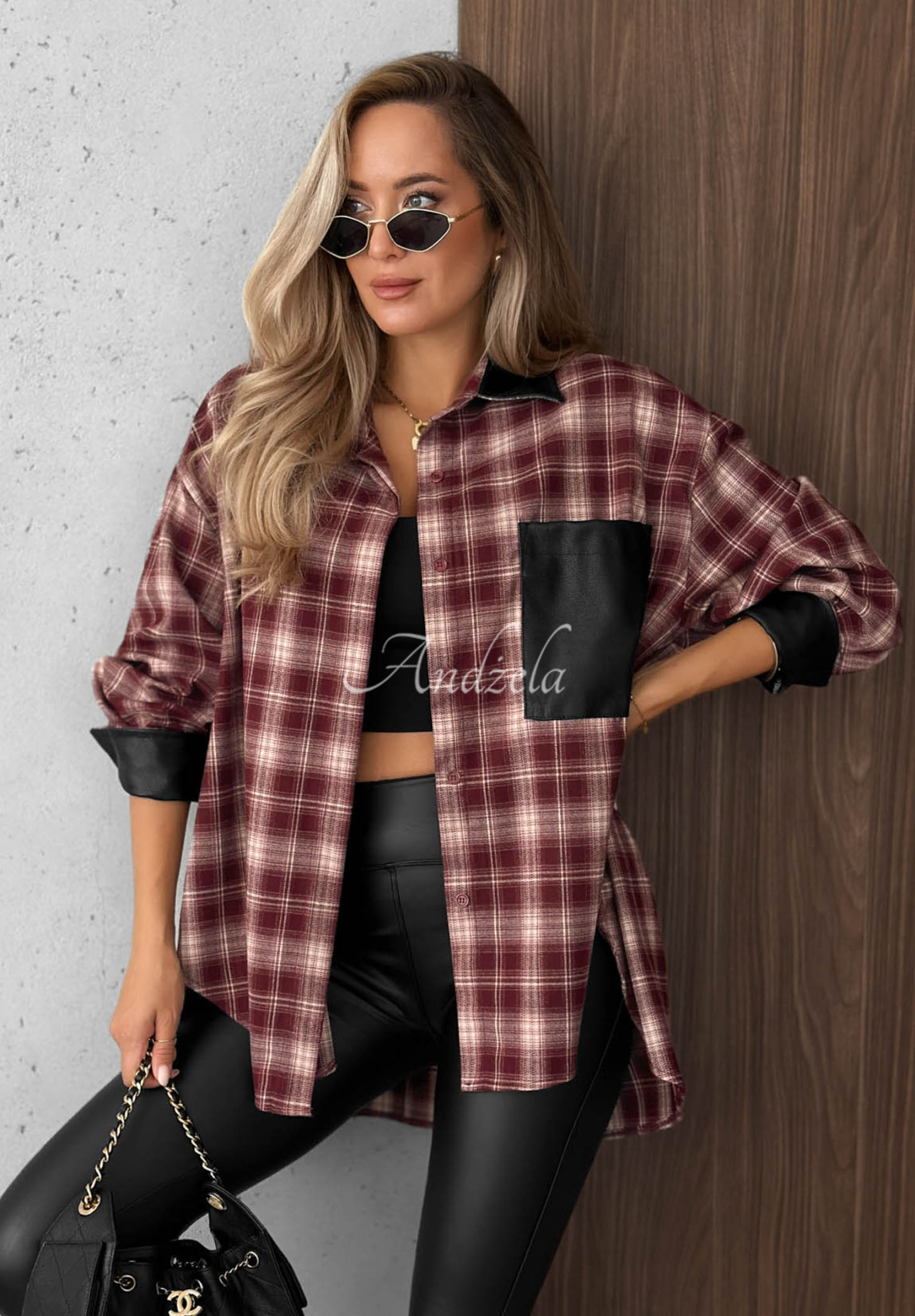 Honey Morning burgundy viscose checkered shirt with leather accents