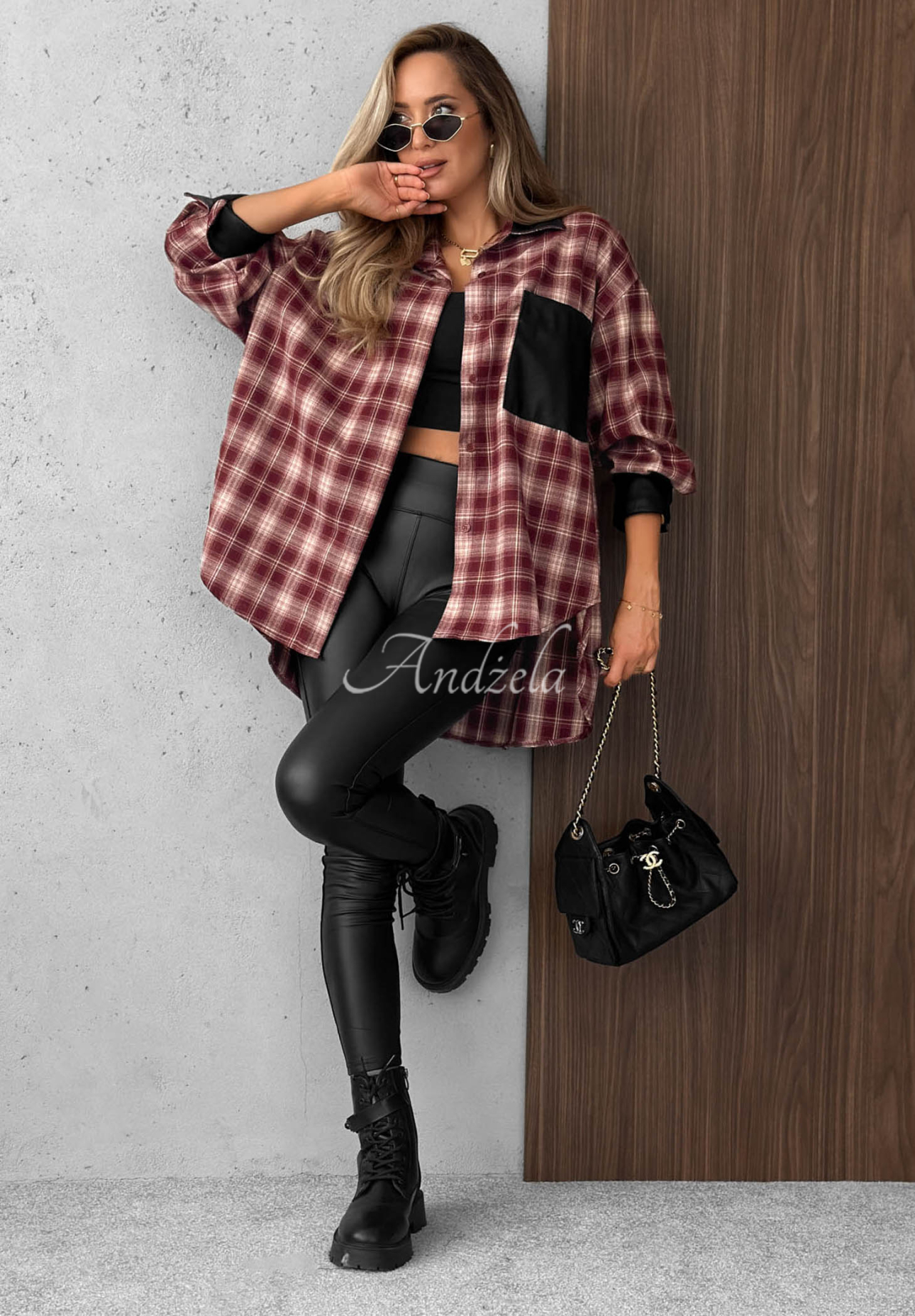Honey Morning burgundy viscose checkered shirt with leather accents