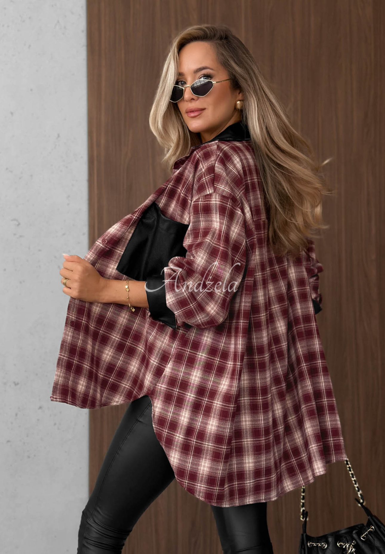 Honey Morning burgundy viscose checkered shirt with leather accents
