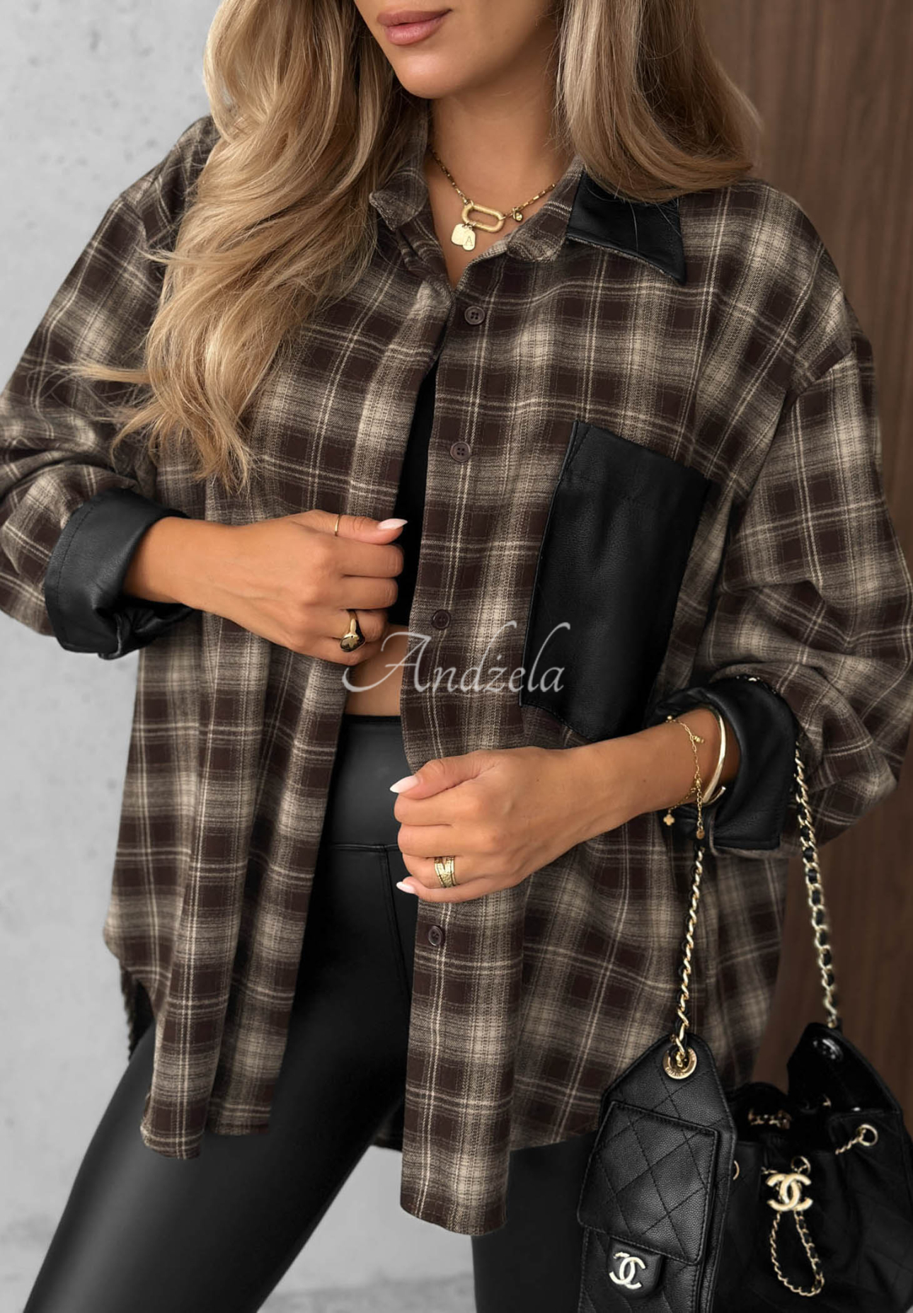 Honey Morning Chocolate-Colored Viscose Checkered Shirt with Leather Accents