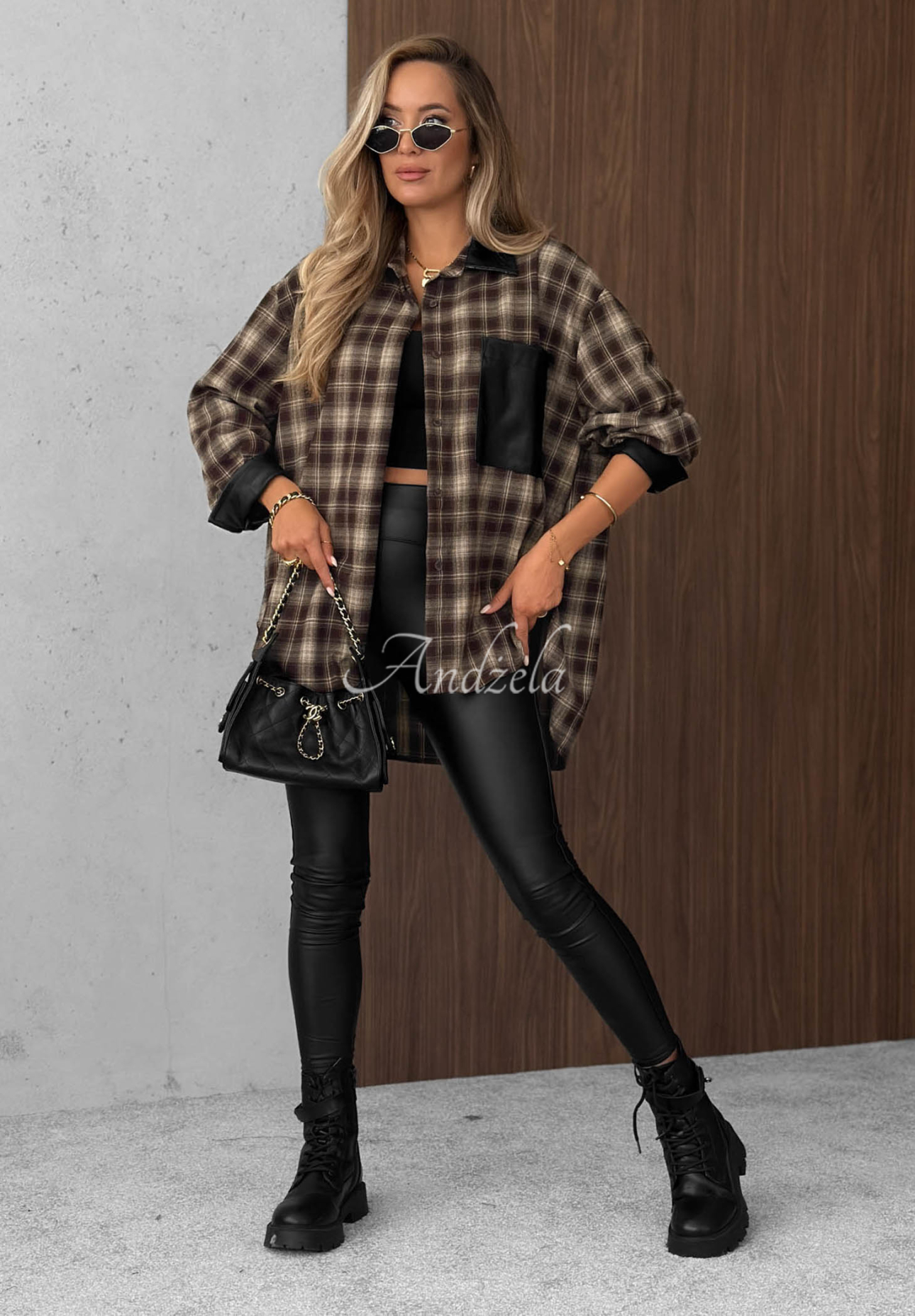 Honey Morning Chocolate-Colored Viscose Checkered Shirt with Leather Accents