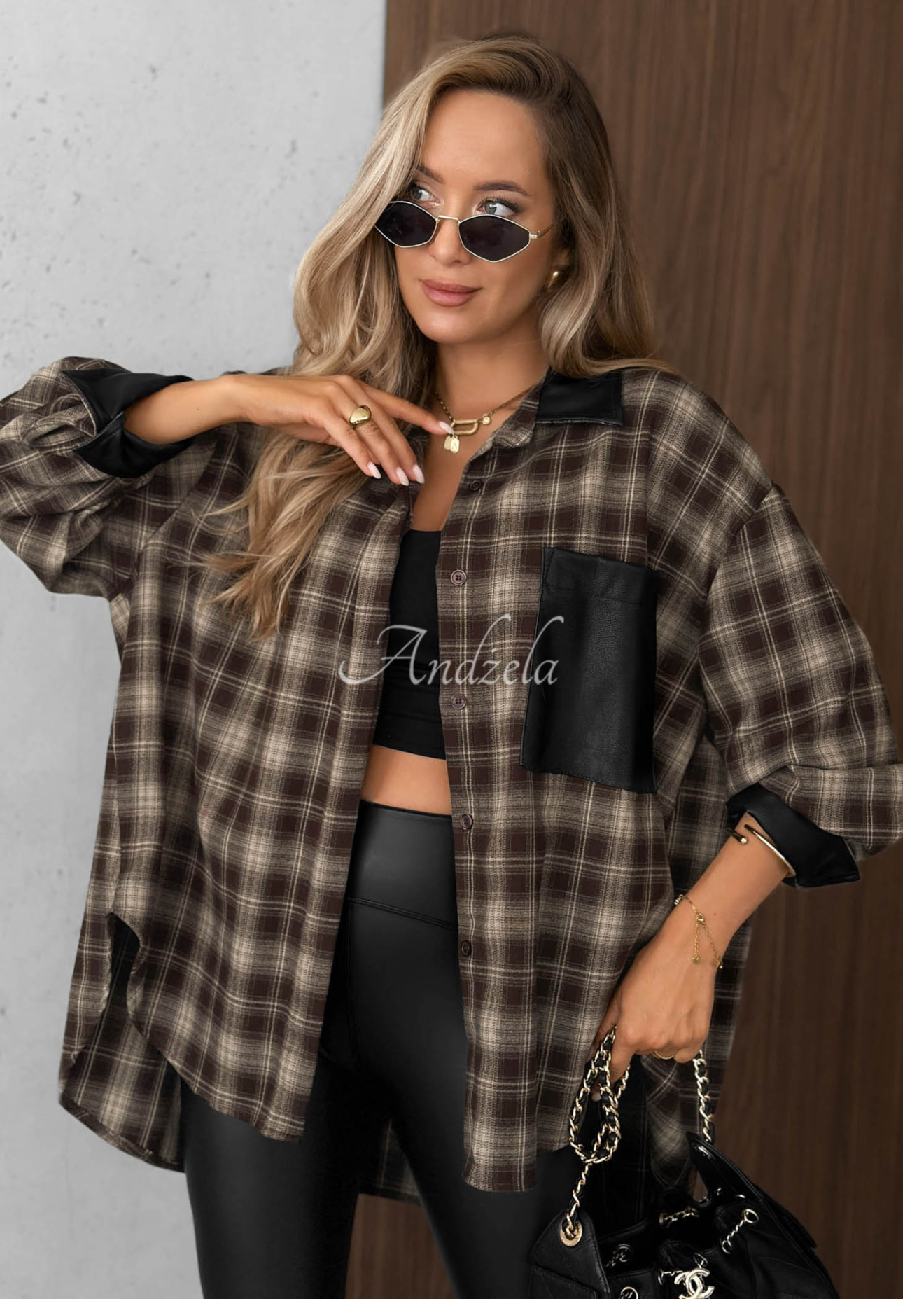Honey Morning Chocolate-Colored Viscose Checkered Shirt with Leather Accents