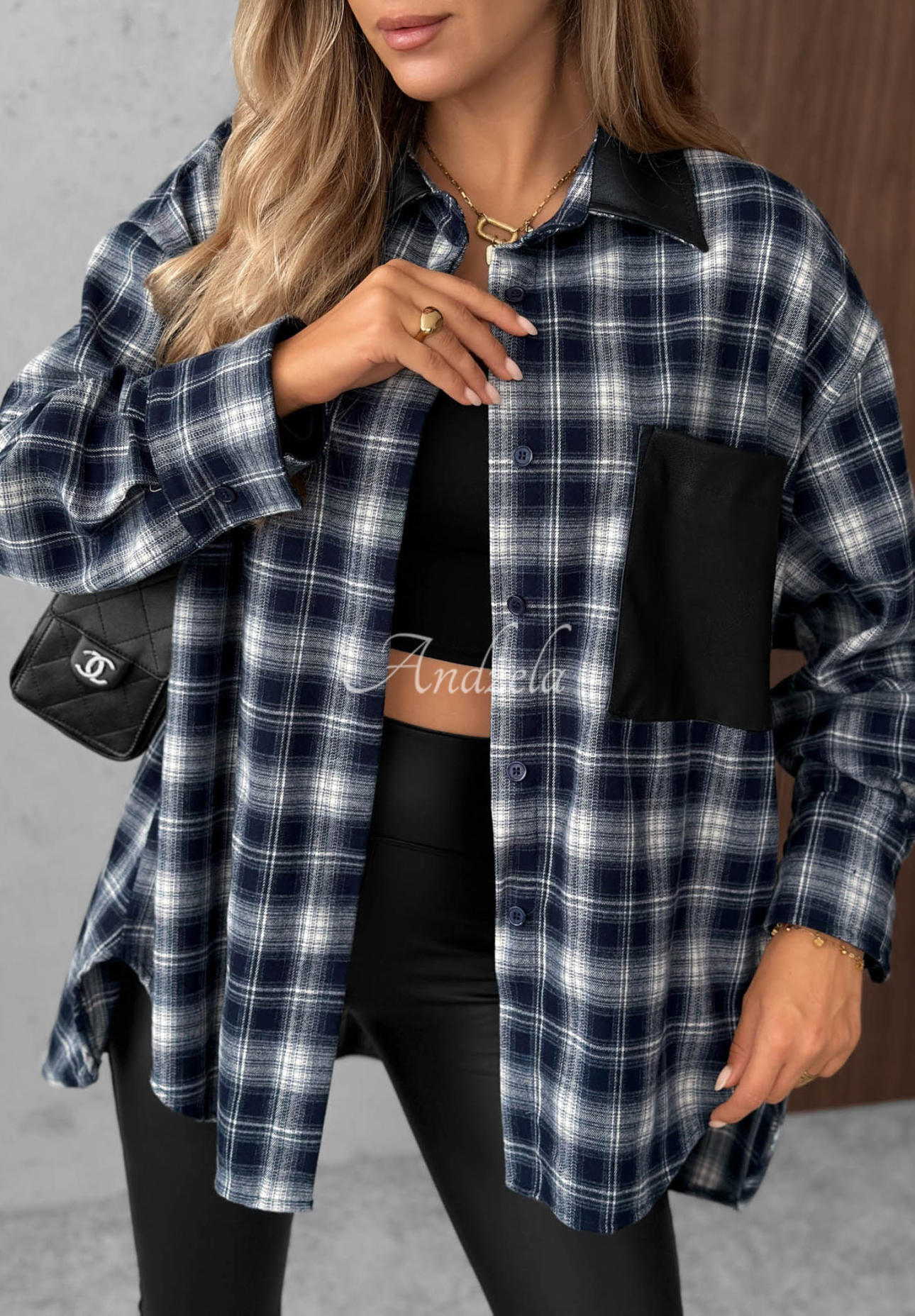 Honey Morning Navy Blue Viscose Checkered Shirt with Leather Accents