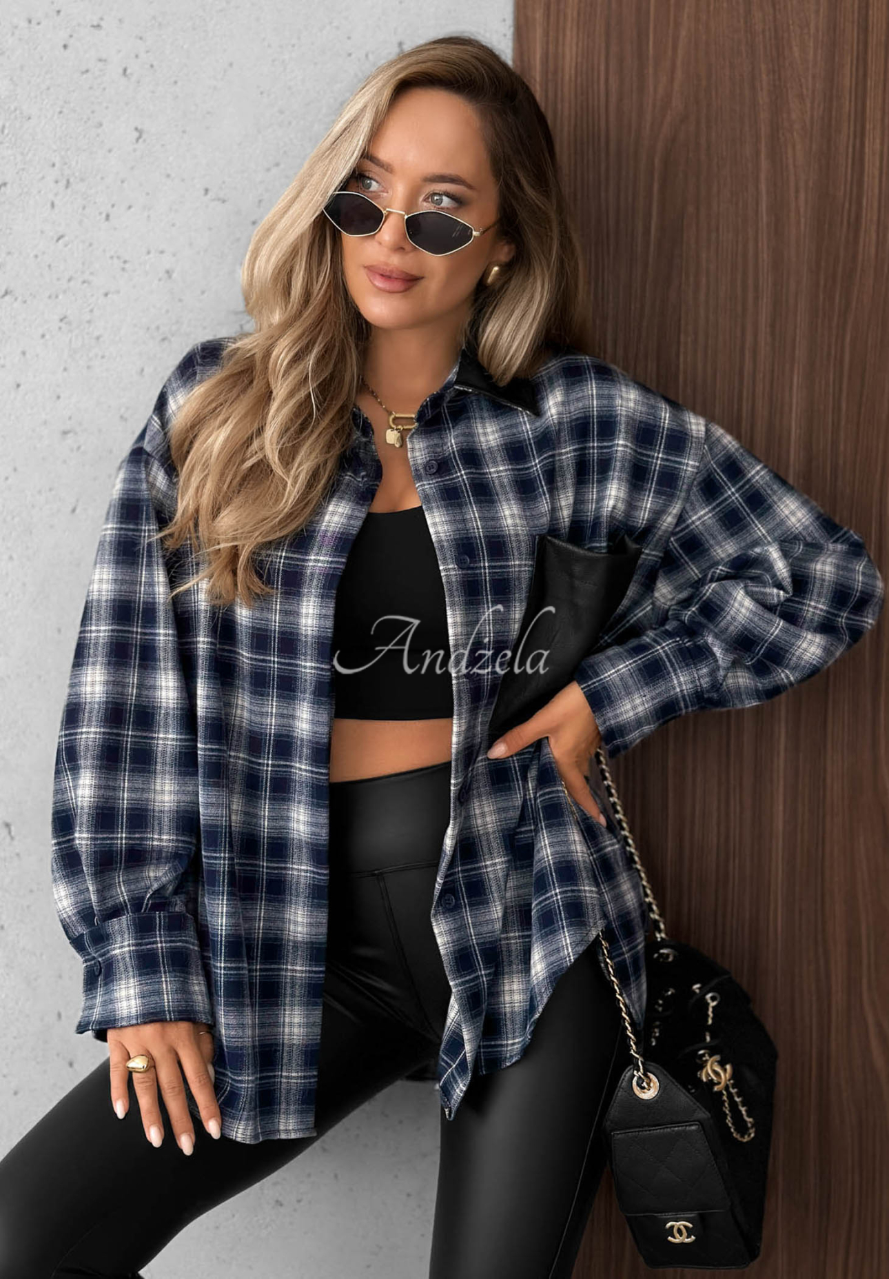 Honey Morning Navy Blue Viscose Checkered Shirt with Leather Accents