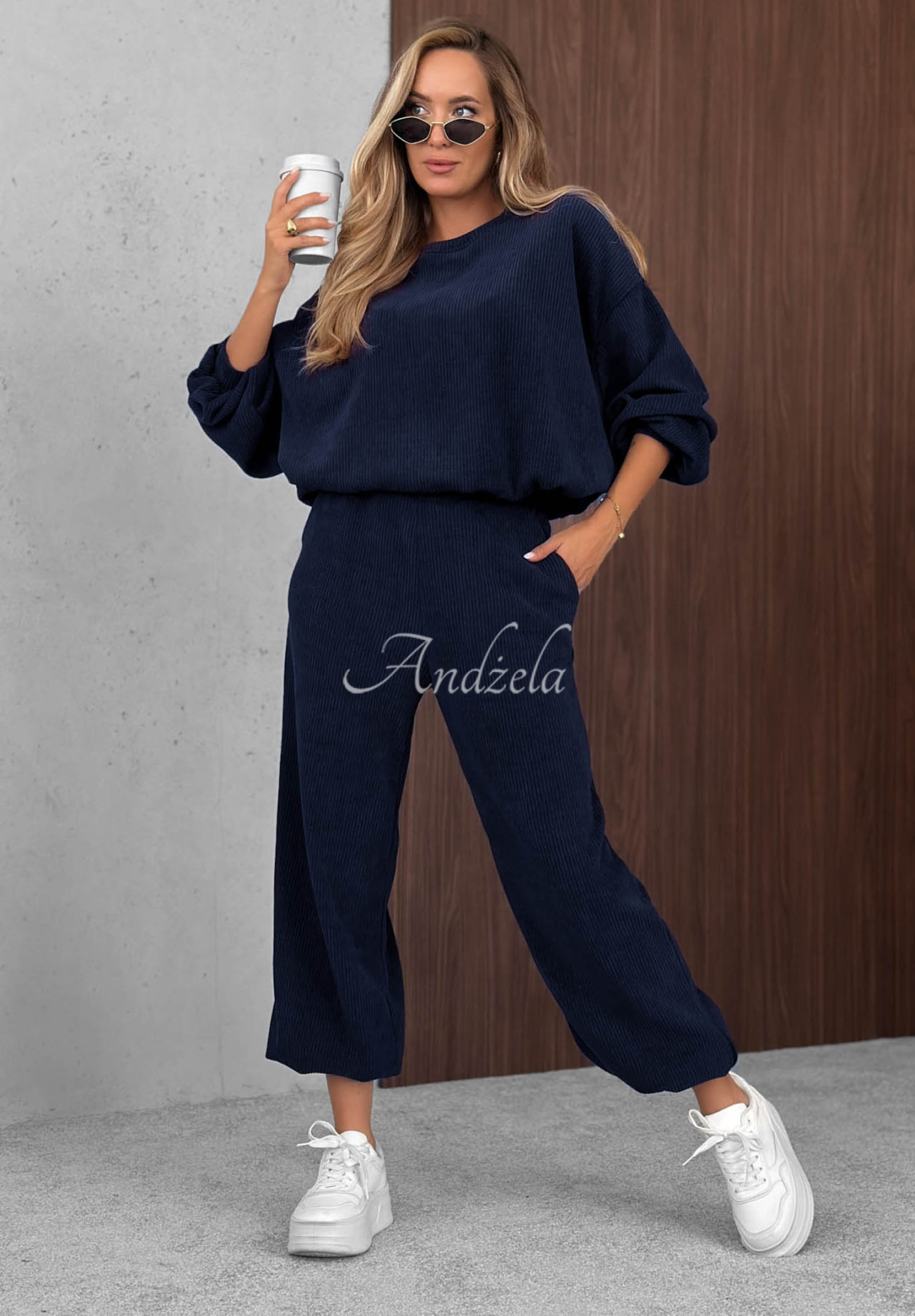 Sunday Dream Navy Blue Cotton Corduroy Sweatsuit Set