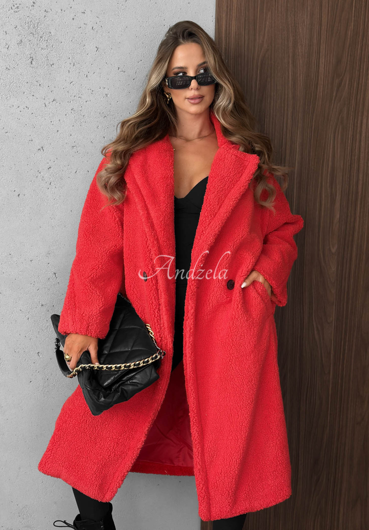 Long sheepskin coat with a collar by Frosty Sweets in red