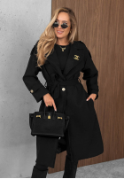 Long Coat with Collar and Belt in Autumn Daydream Black Wool