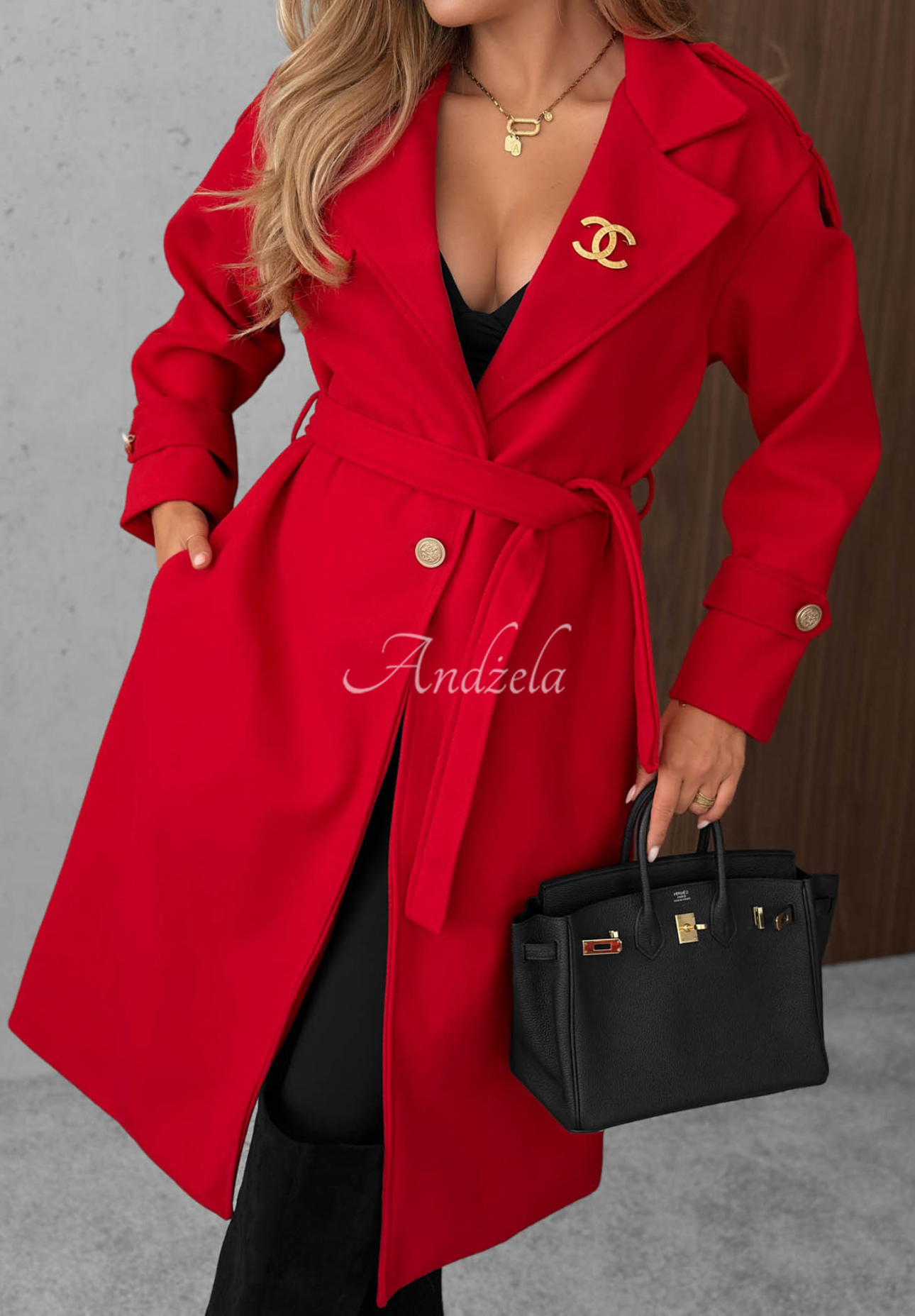 Long coat with a collar and belt, made of Autumn Daydream red wool