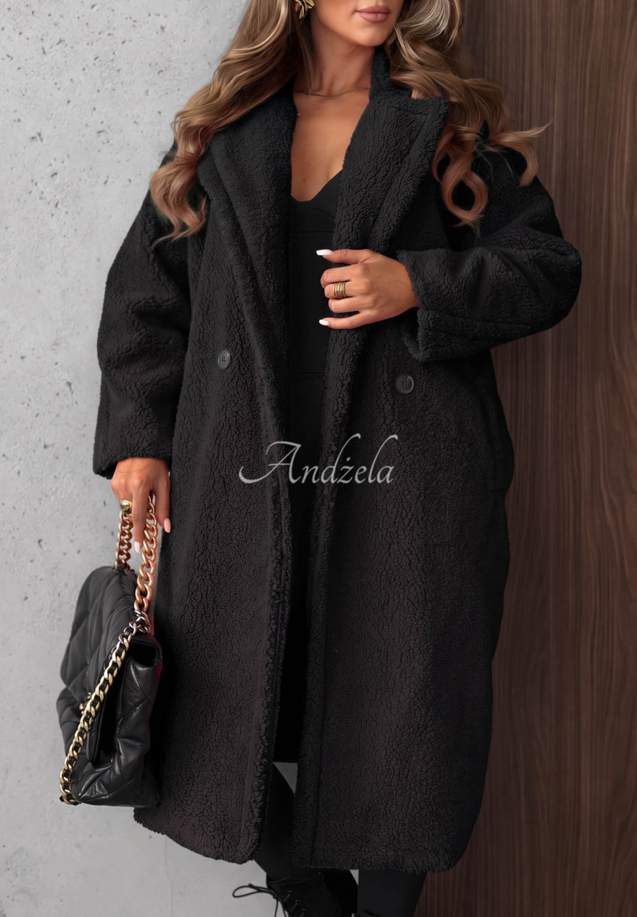 Frosty Sweets Long Sheepskin Coat with Collar, Black