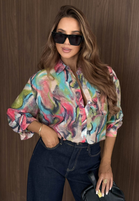 Asymmetrical viscose shirt with Forever More patterns in green and pink
