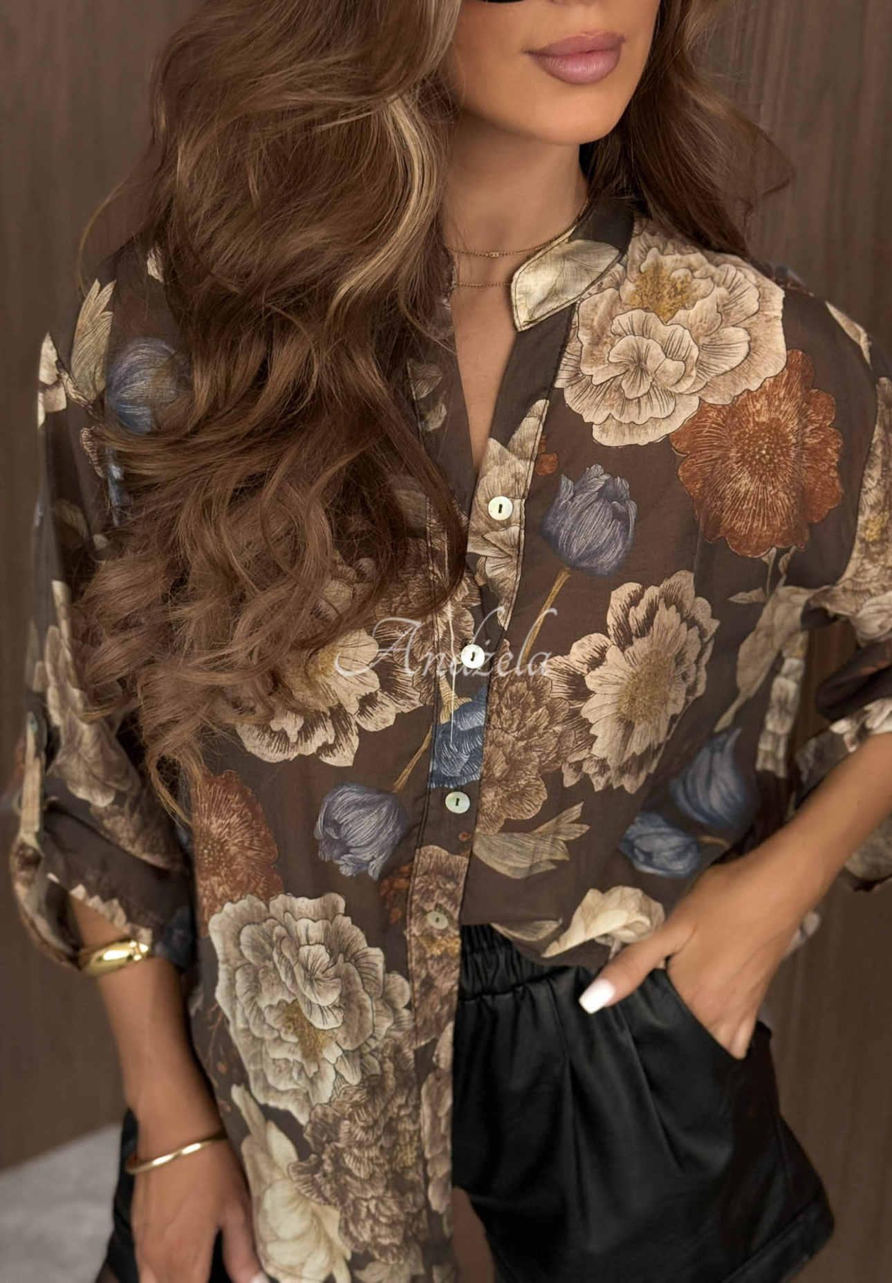 Lightweight Fall Bloom chocolate-colored floral Tencel shirt