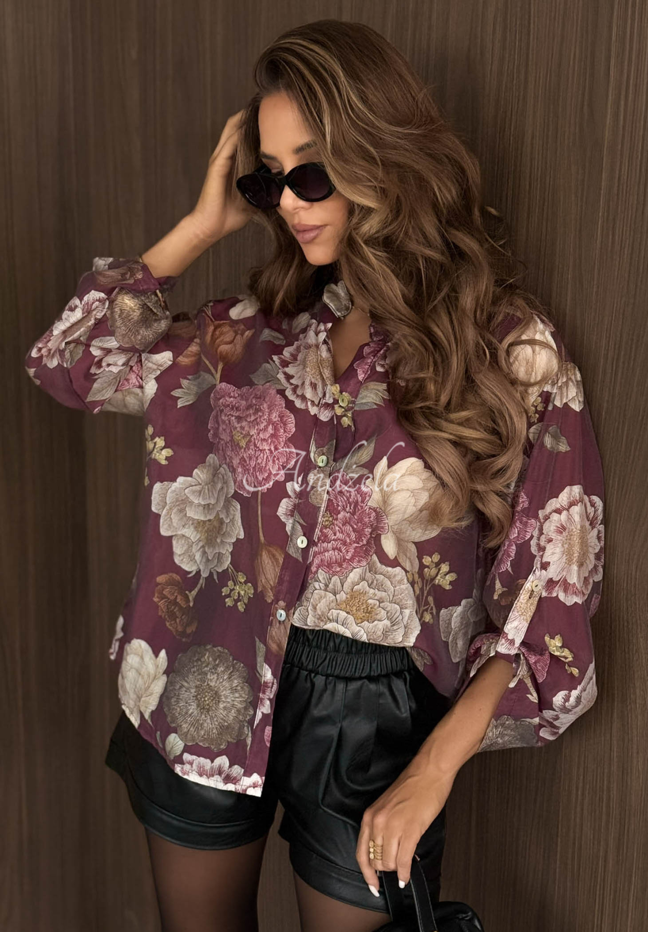 Lightweight burgundy Fall Bloom floral Tencel shirt