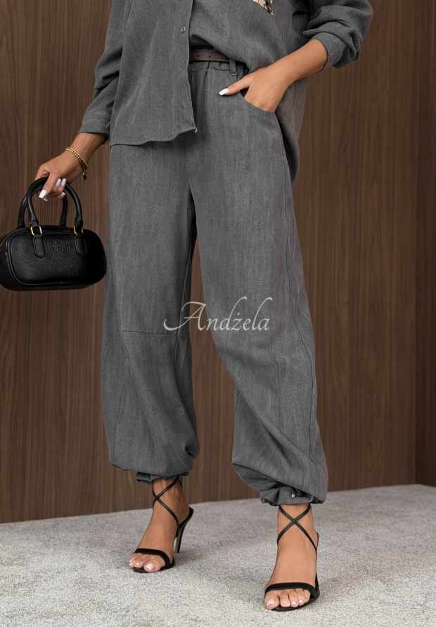 Fall Whisper Gray Lyocell Fabric Pants with a Belt