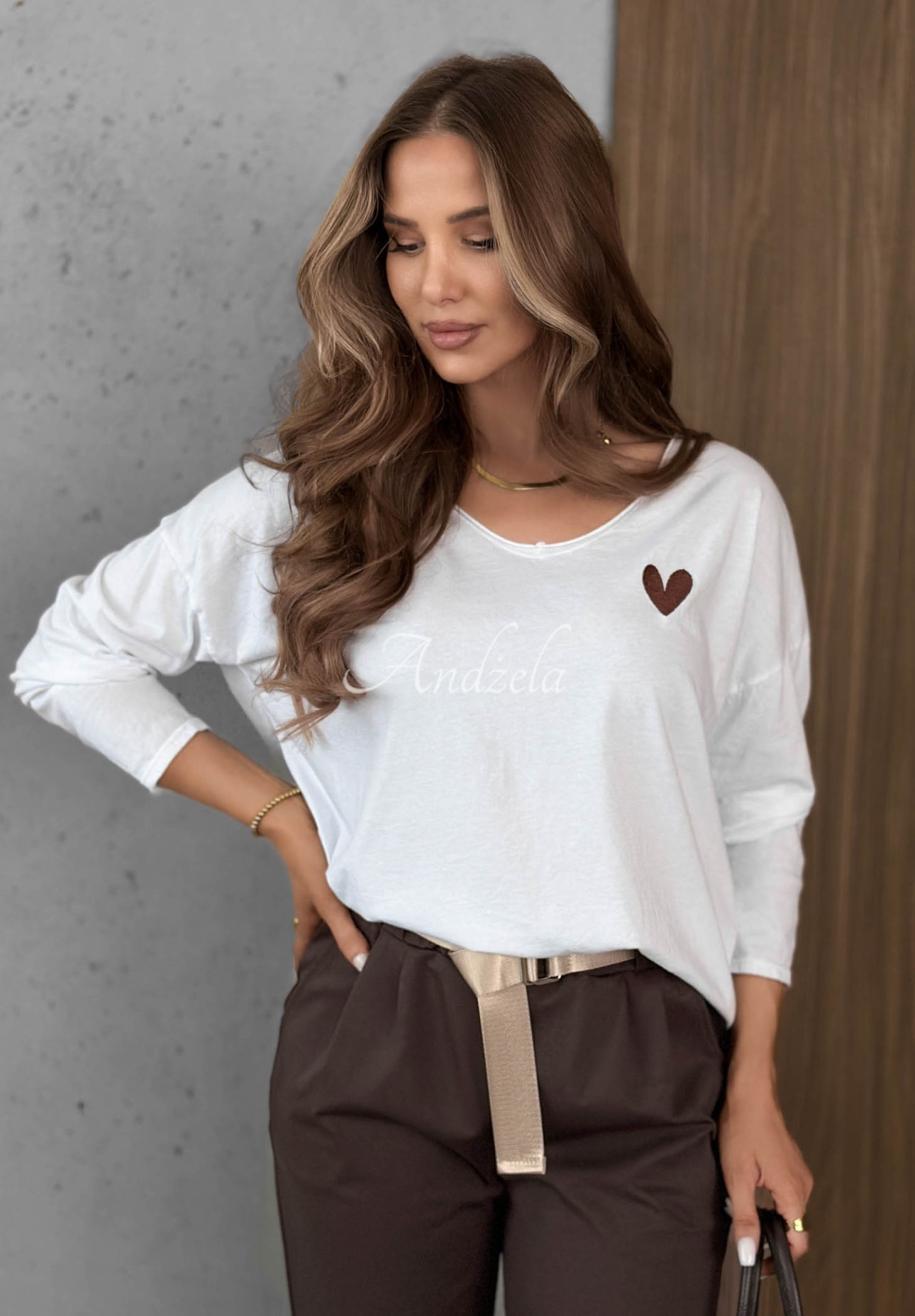 White Oversized Long-Sleeve Cotton Blouse with a "Kissing" Heart
