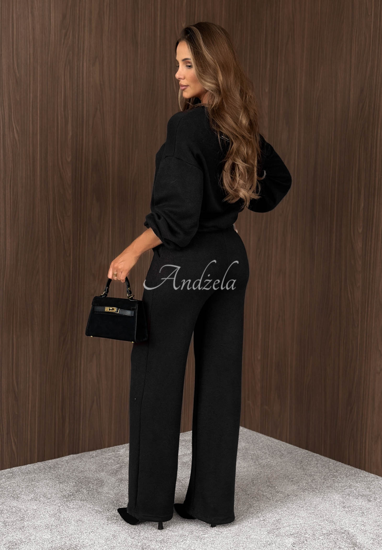 Feels Different Black Viscose Knit Set with Flower Motif
