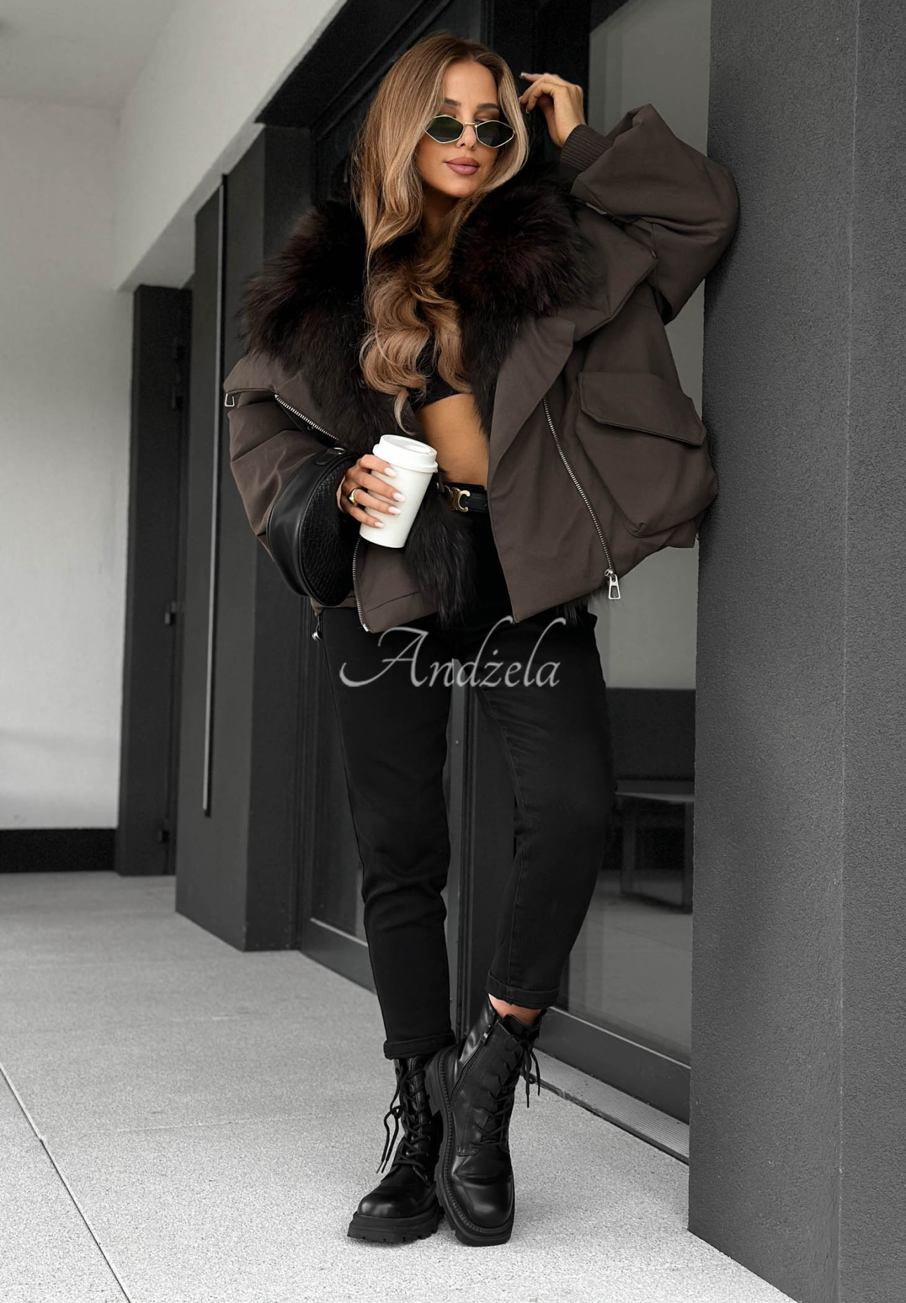 Nordic Mist Down Jacket with Fur Trim, Chocolate Brown