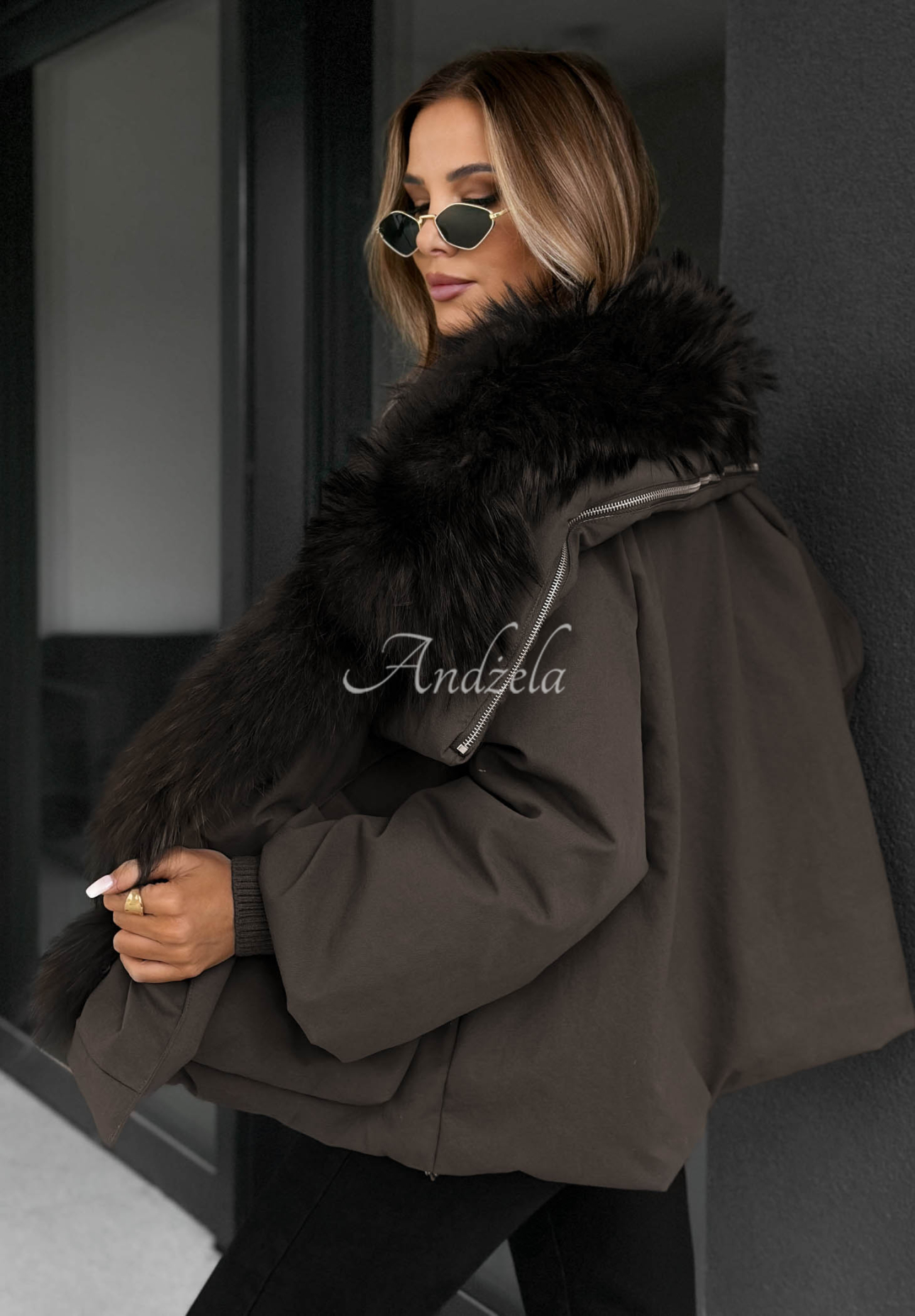 Nordic Mist Down Jacket with Fur Trim, Chocolate Brown