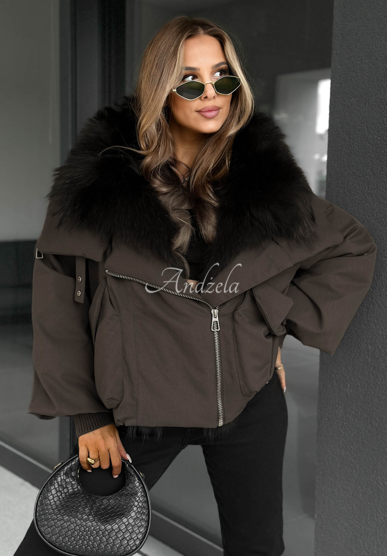 Nordic Mist Down Jacket with Fur Trim, Chocolate Brown