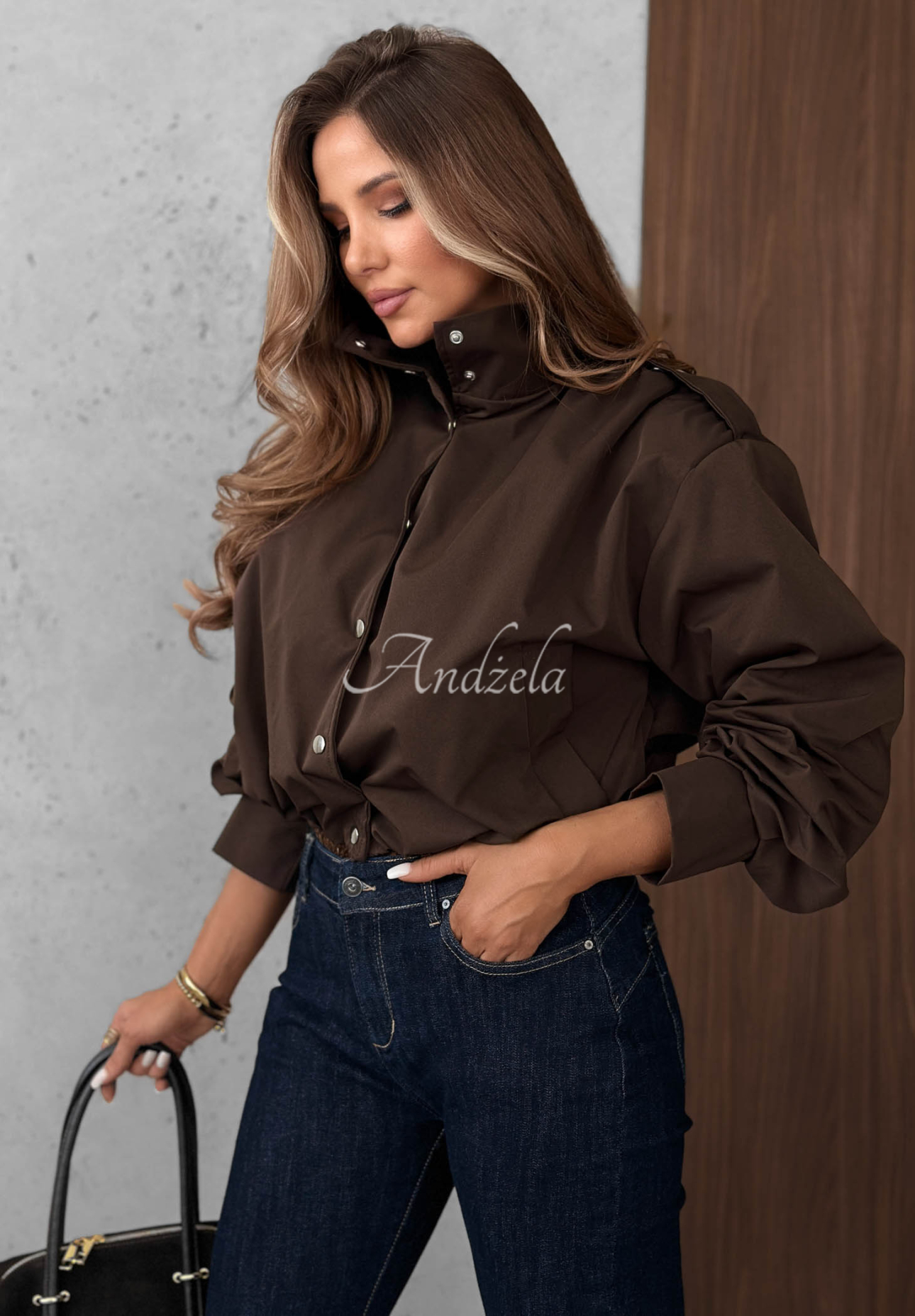 Want More Short Bomber Jacket with Stand-Up Collar in Chocolate Brown