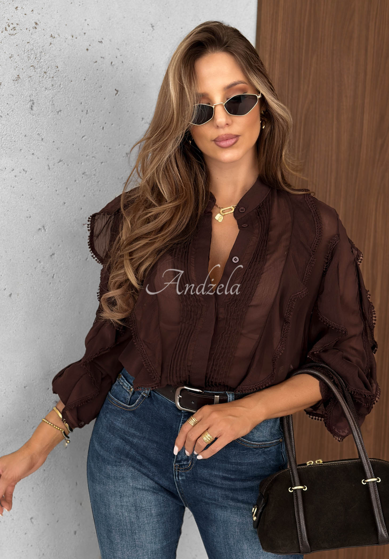 Sunday Things Chocolate-Colored Shirt with Ruffles