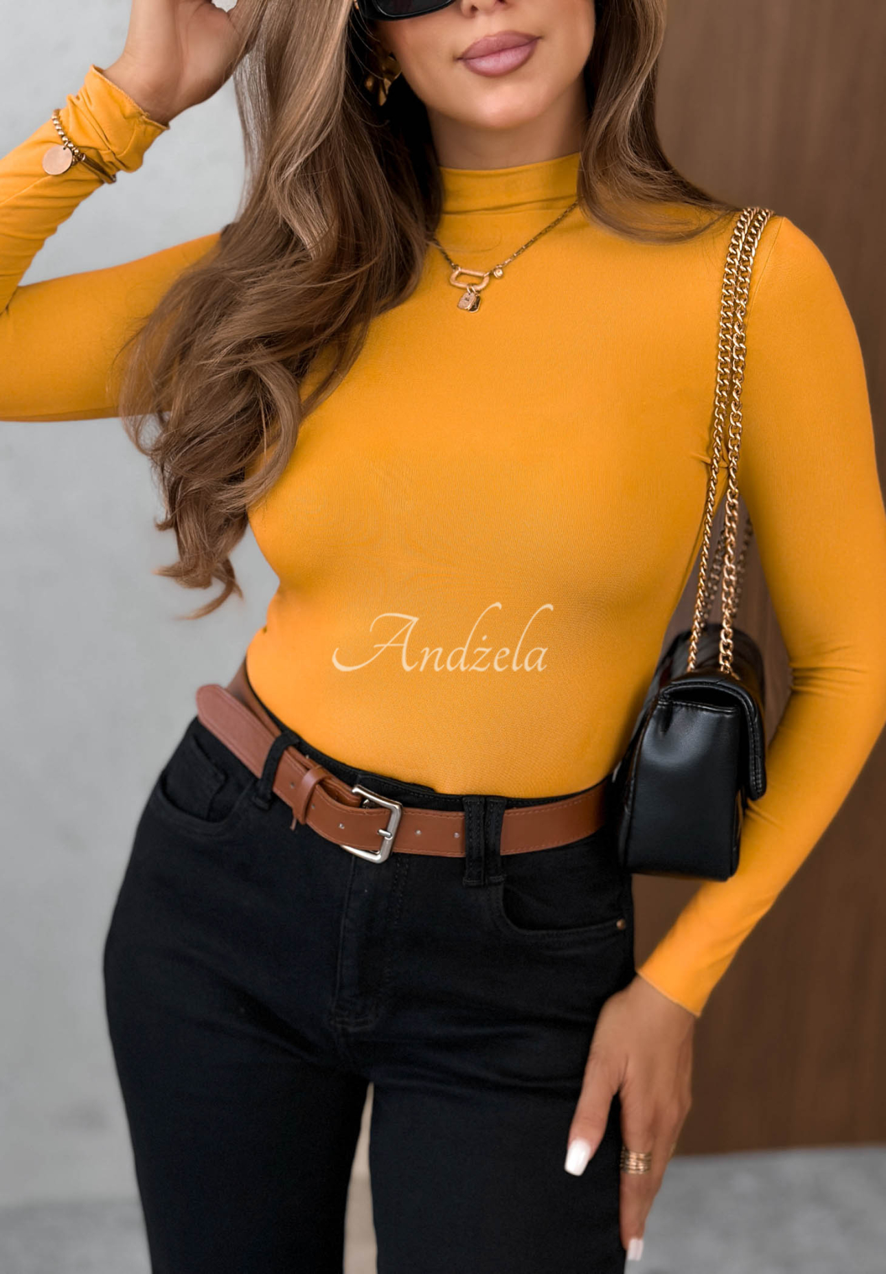 Femme Desire Mustard-Colored Viscose Long-Sleeve Turtleneck Blouse