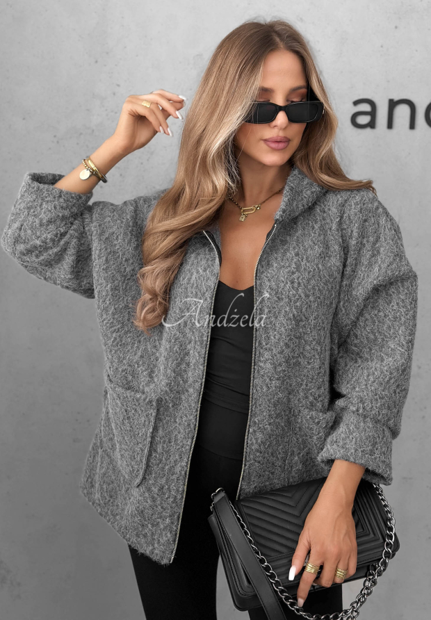 Warm Comfort Hooded Sheepskin Jacket with Pockets, Gray