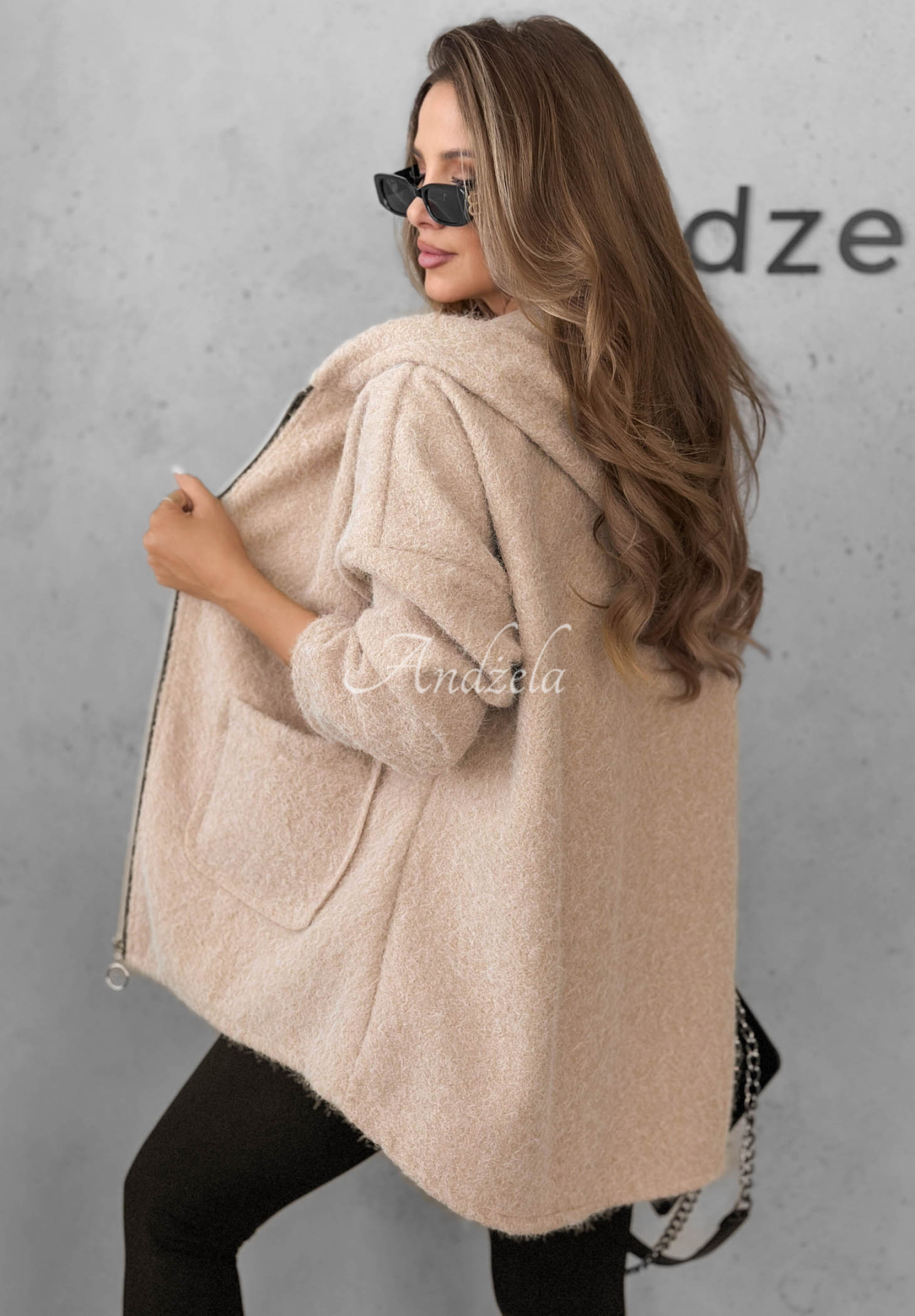Warm Comfort Beige Hooded Sheepskin Jacket with Pockets