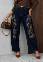 Spodnie jeansowe wide leg z haftami Soft Mist granatowe