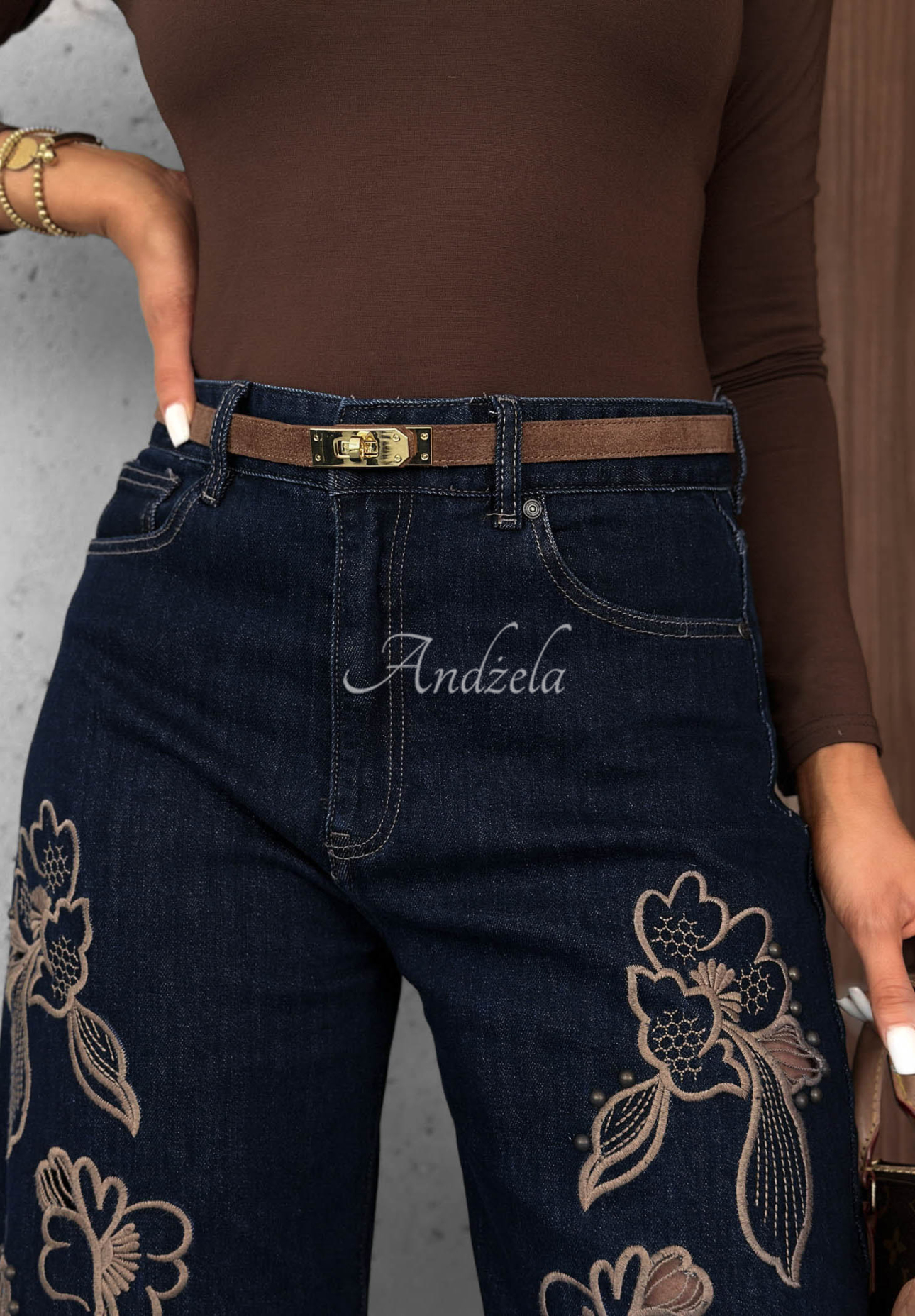 Banana Jeans with Embroidery, Soft Mist Navy Blue