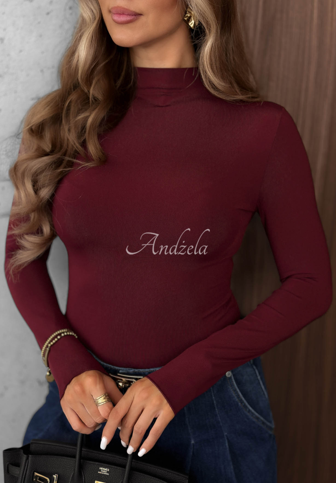Femme Desire Burgundy Viscose Long-Sleeve Turtleneck Blouse