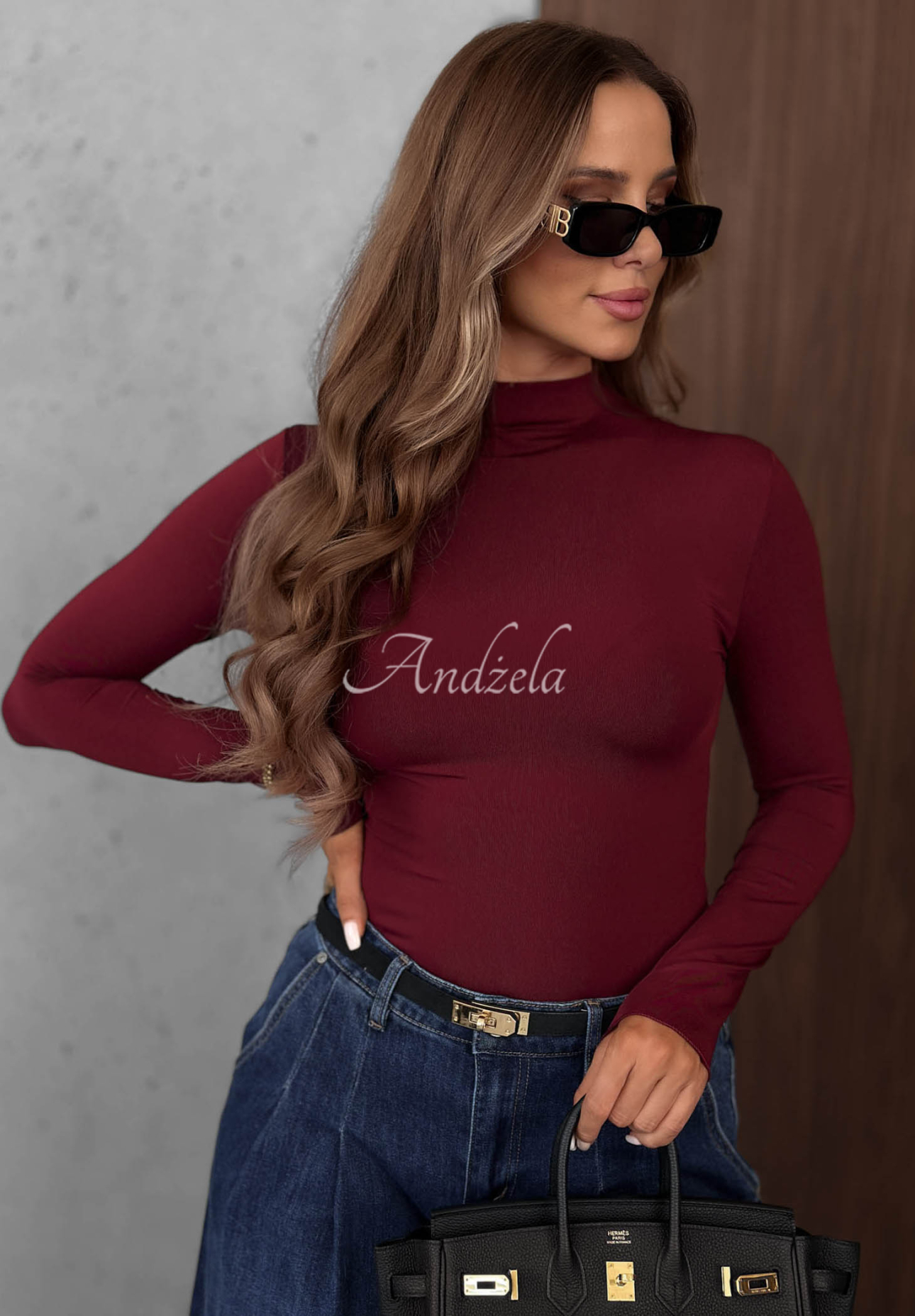 Femme Desire Burgundy Viscose Long-Sleeve Turtleneck Blouse