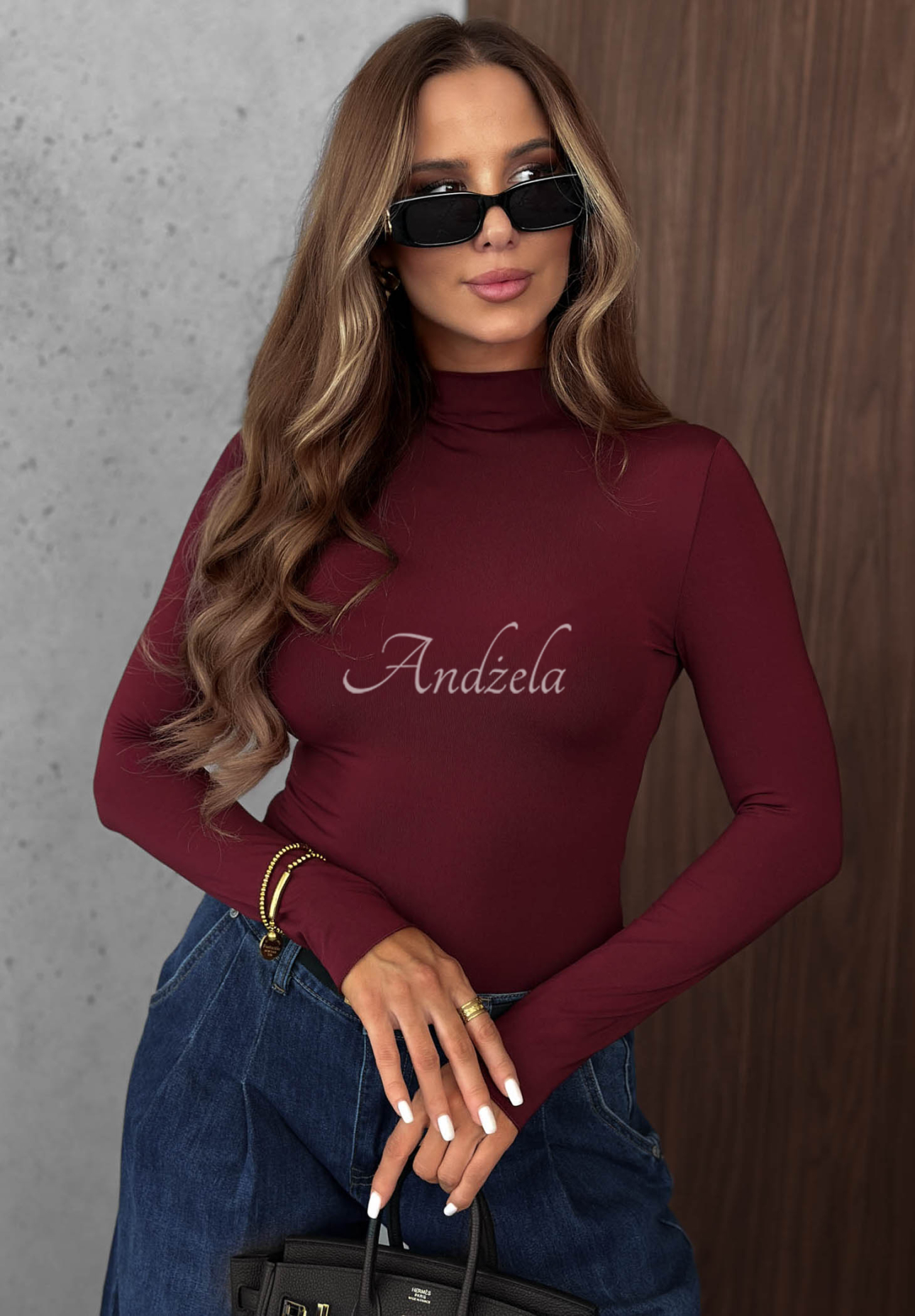 Wiskozowa bluzka longsleeve z półgolfem Femme Desire burgundowa