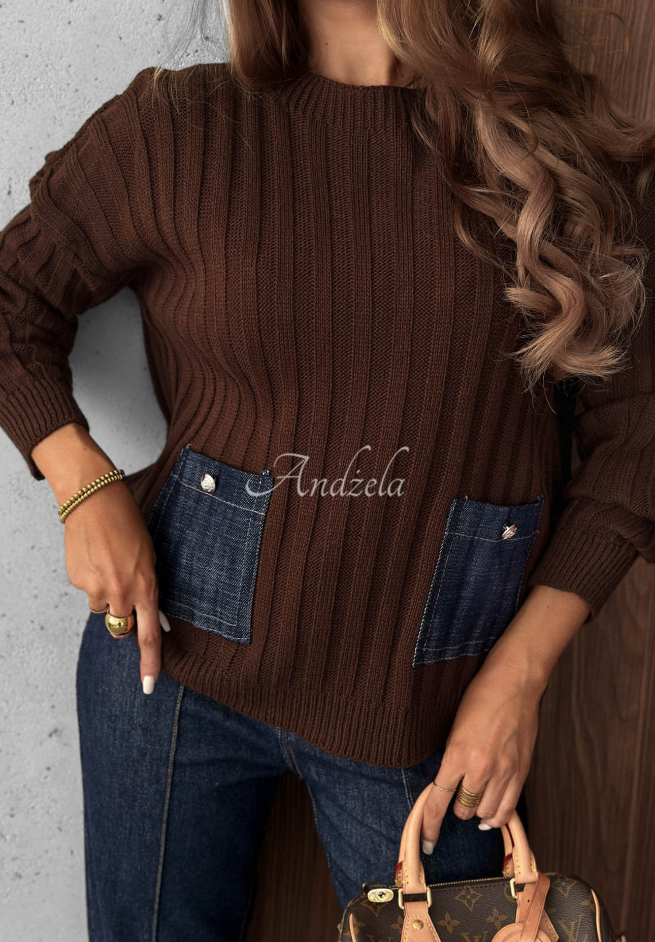 Cozy Grace Chocolate-Colored Ribbed Sweater with Denim Pockets, Made of Wool and Mohair