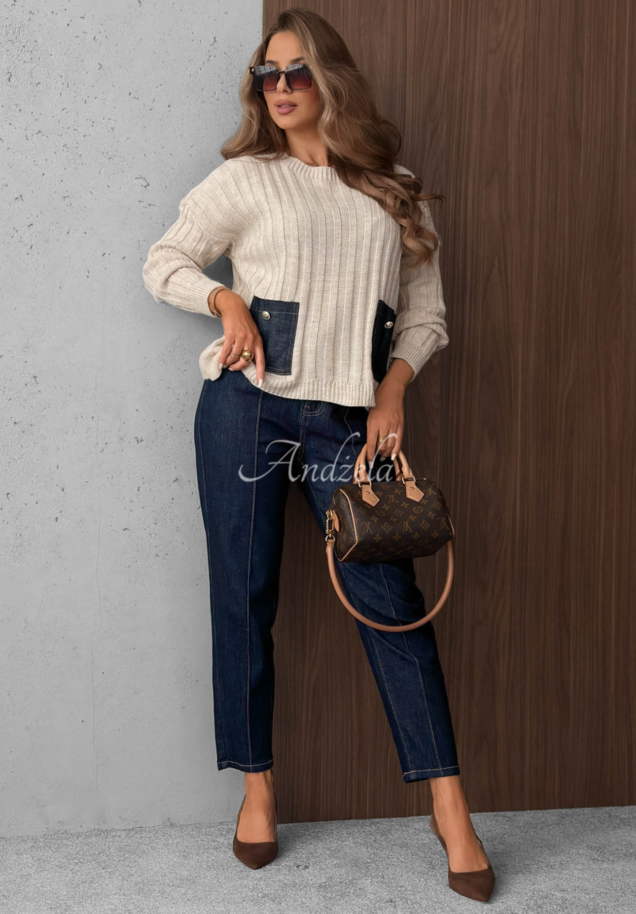 Cozy Grace Beige Ribbed Sweater with Denim Pockets, Made with Wool and Mohair