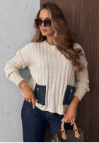 Prążkowany sweter z jeansowymi kieszeniami Cozy Grace czekoladowy