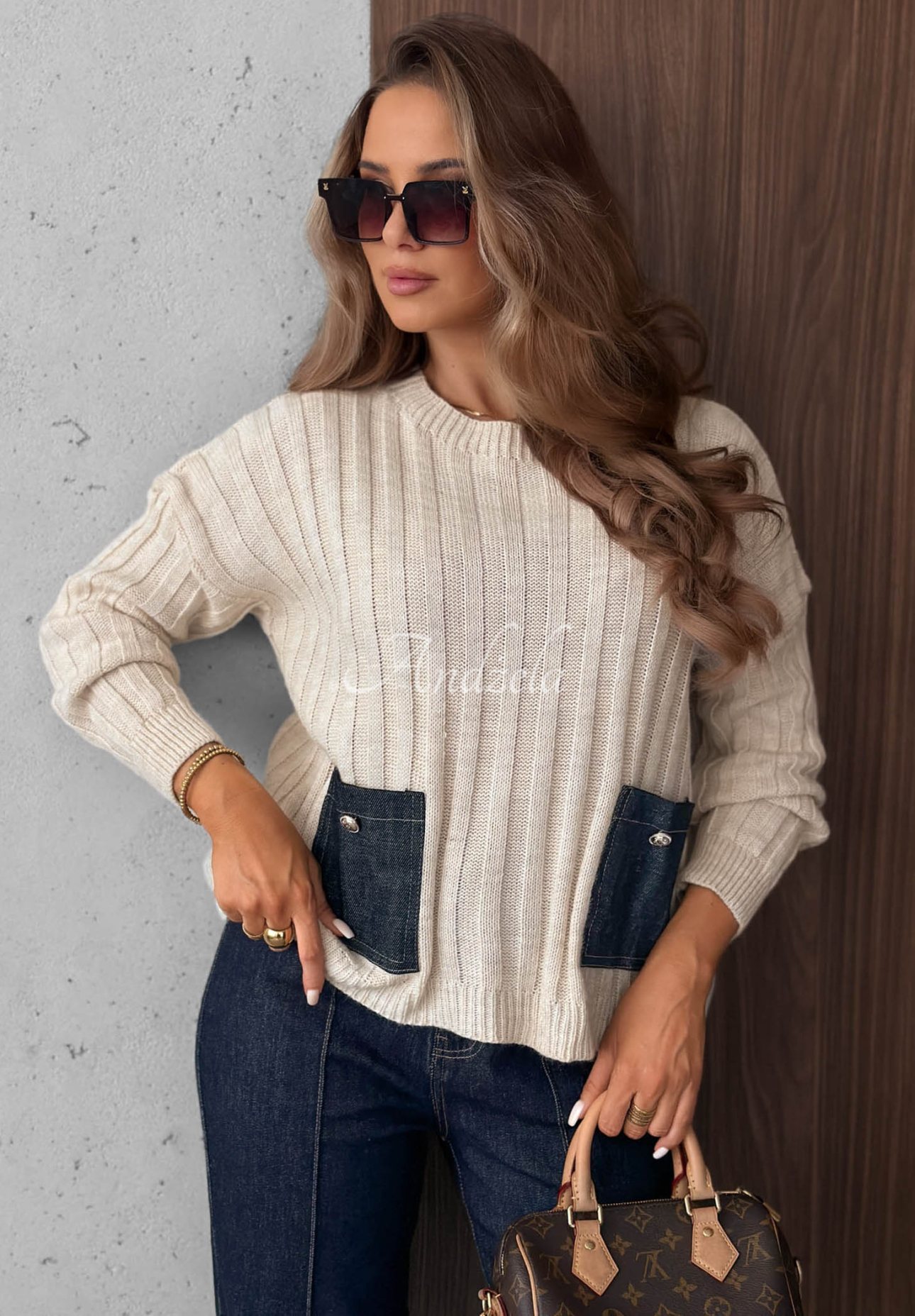 Cozy Grace Beige Ribbed Sweater with Denim Pockets, Made with Wool and Mohair
