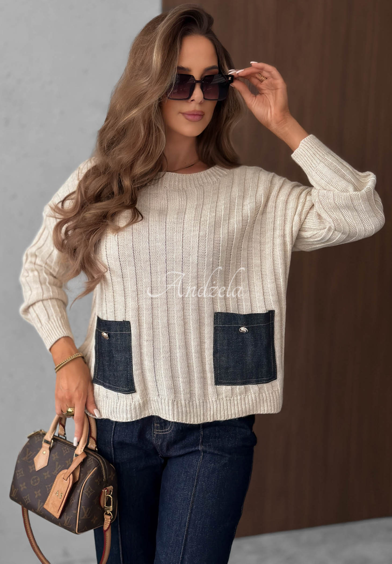 Cozy Grace Beige Ribbed Sweater with Denim Pockets, Made with Wool and Mohair