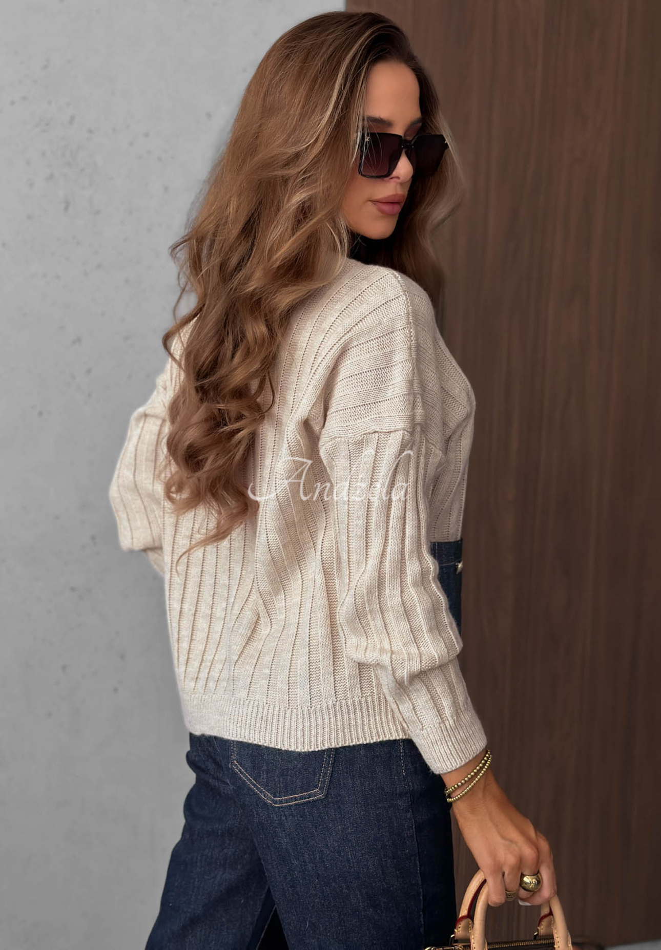 Cozy Grace Beige Ribbed Sweater with Denim Pockets, Made with Wool and Mohair