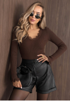 Bluzka longsleeve z dekoltem i koronką Soft Beauty czekoladowa