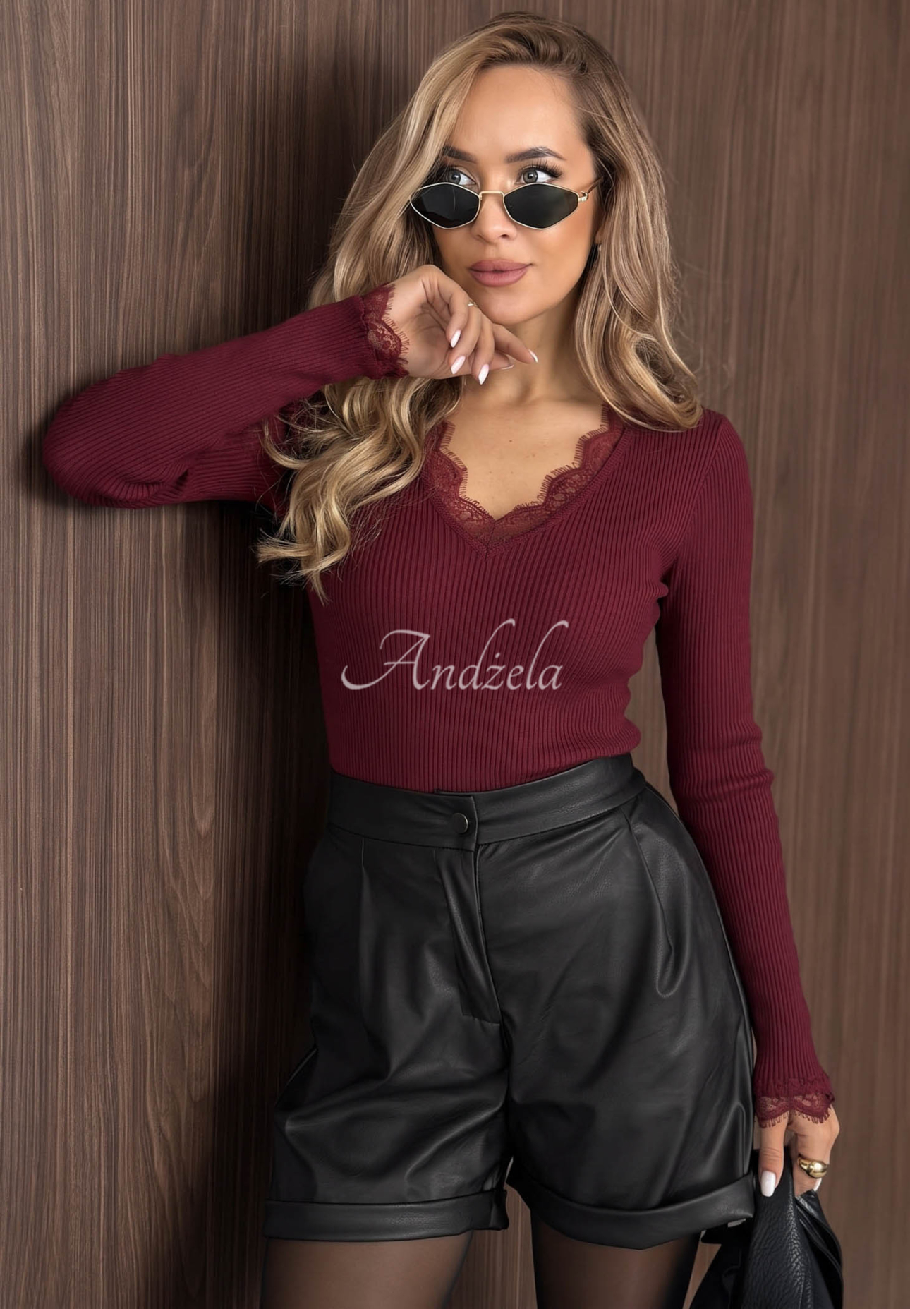 Soft Beauty burgundy ribbed long-sleeve blouse with viscose lace