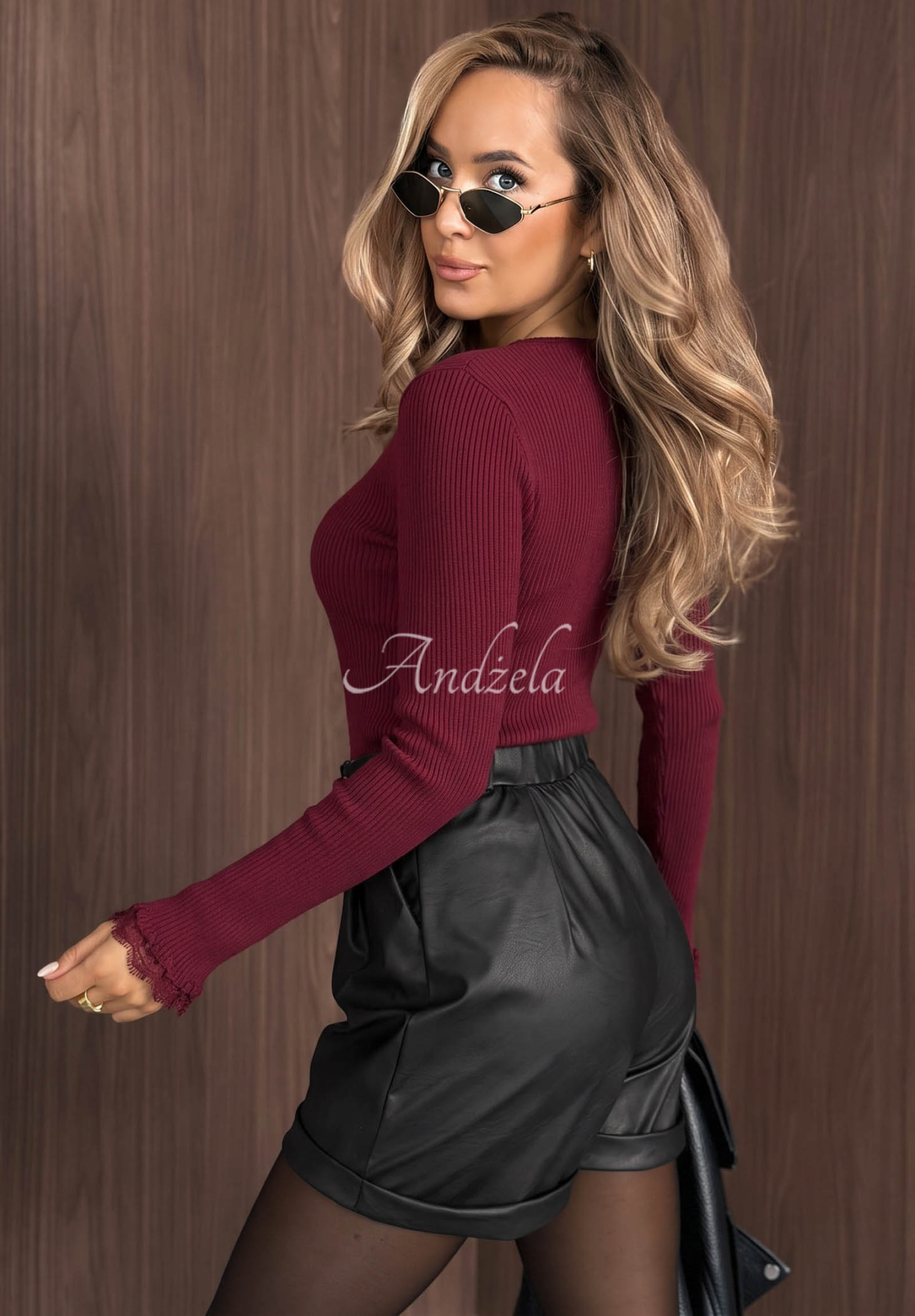 Soft Beauty burgundy ribbed long-sleeve blouse with viscose lace