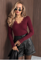 Bluzka longsleeve z dekoltem i koronką Soft Beauty czekoladowa