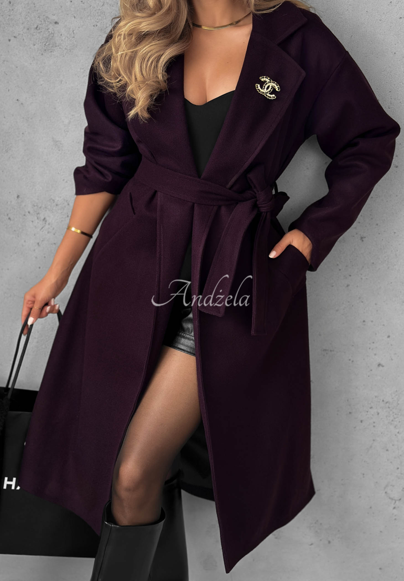 Quiet Autumn Long Wool Coat with Belt, Berry