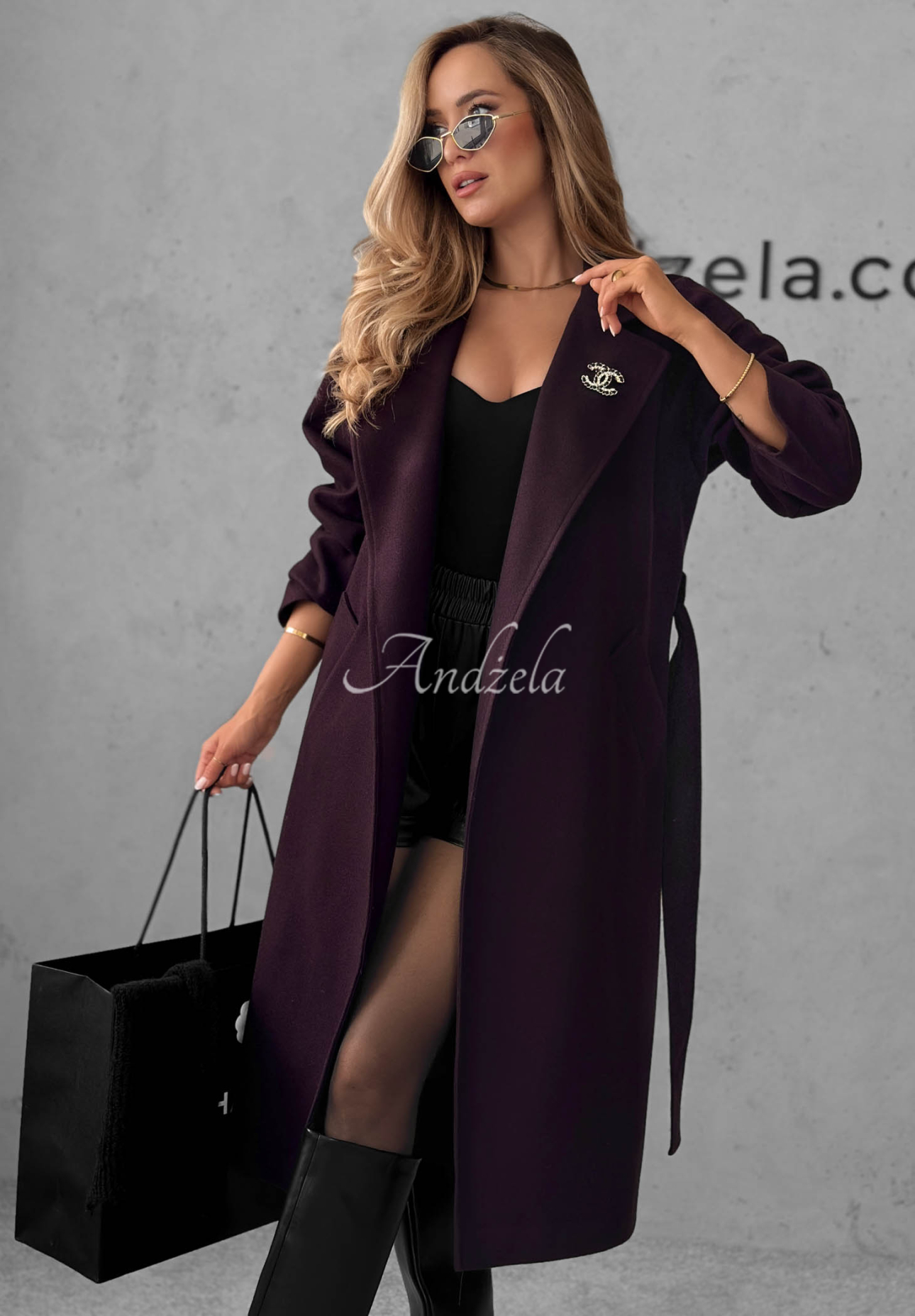 Quiet Autumn Long Wool Coat with Belt, Berry
