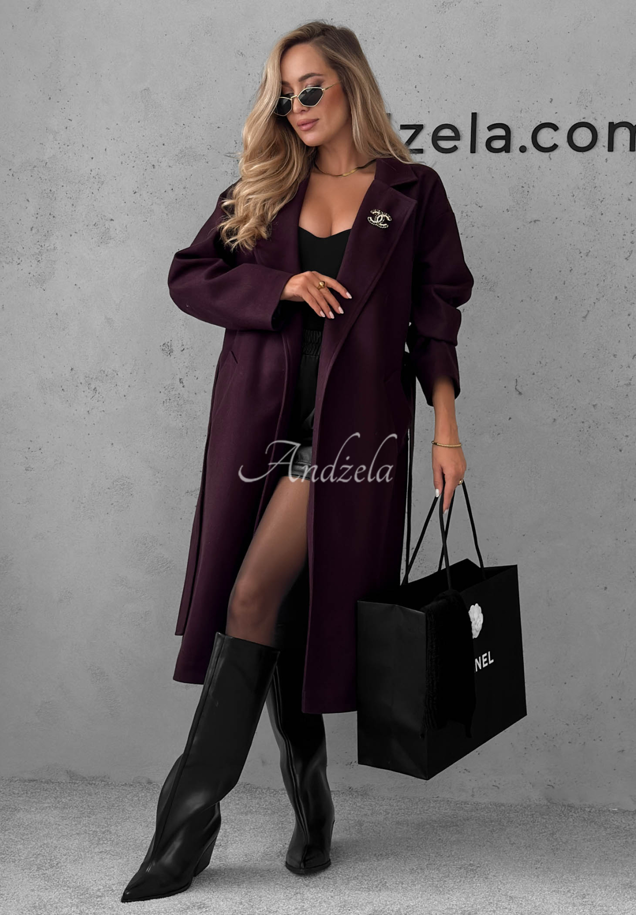 Quiet Autumn Long Wool Coat with Belt, Berry